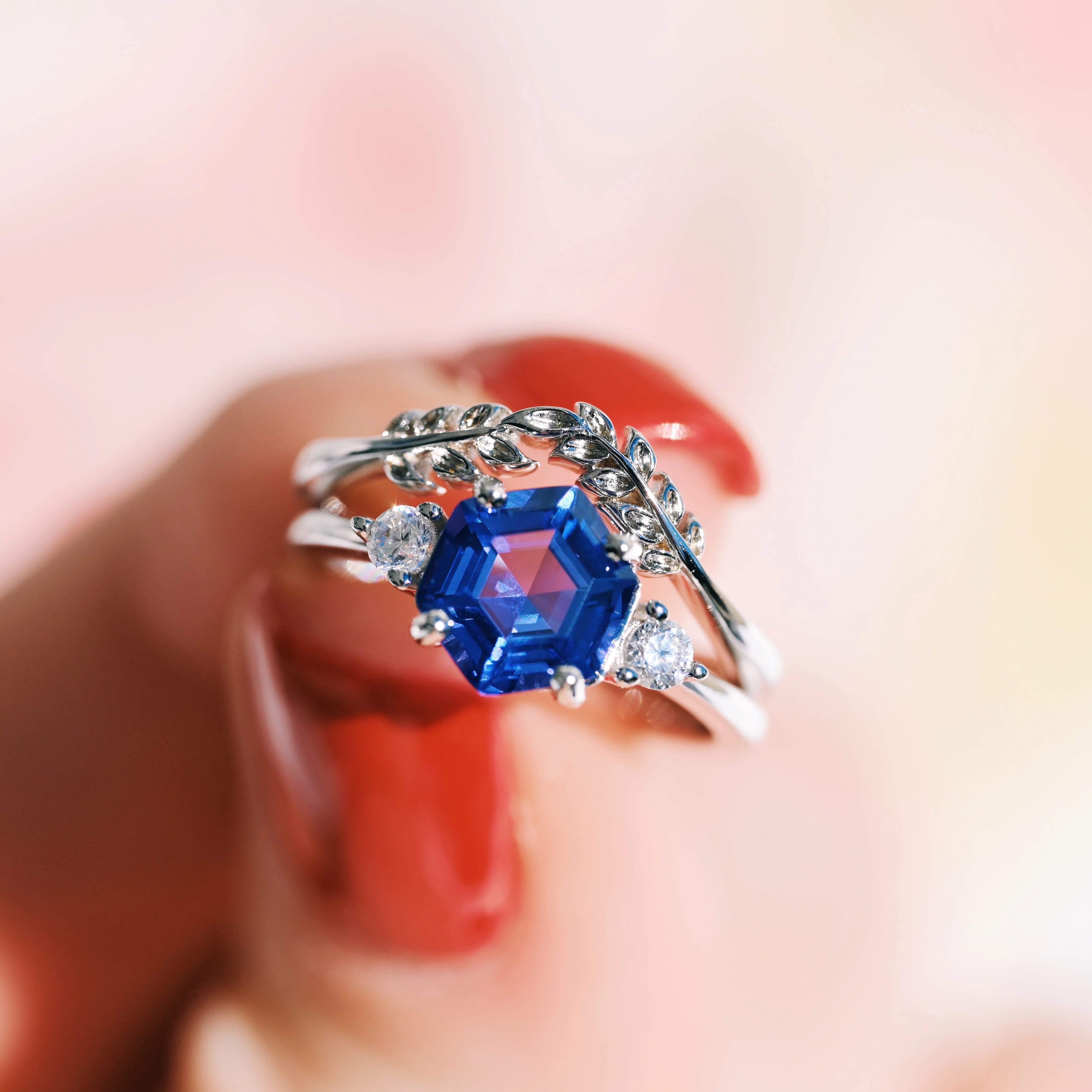 Hexagon Tanzanite Leaf Ring Set in Sterling Silver - Image 8