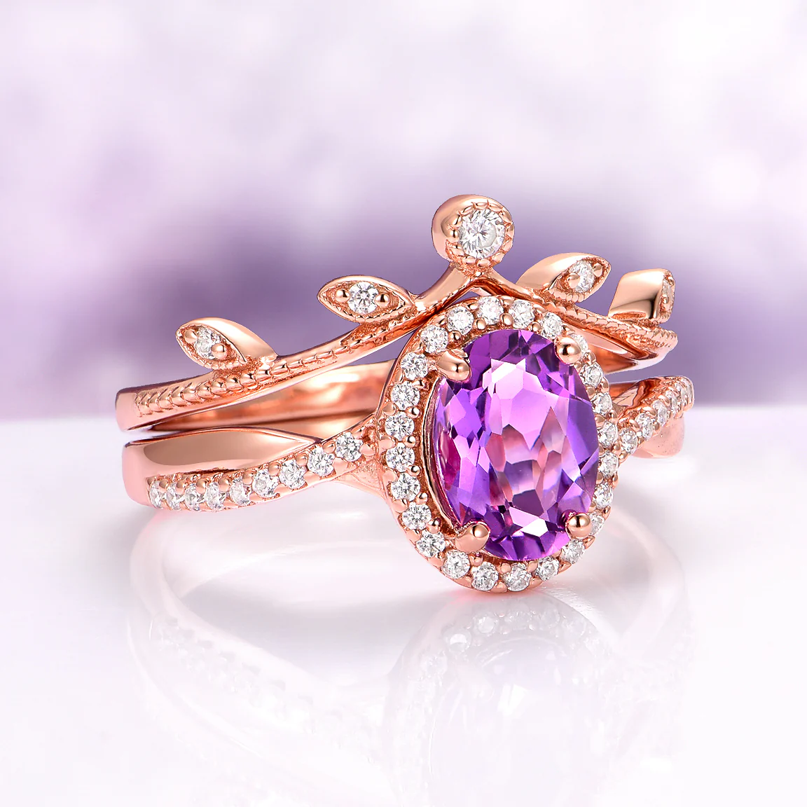 Simulated Diamond Leaf Wedding Band in 14K Rose Gold Vermeil - Image 6