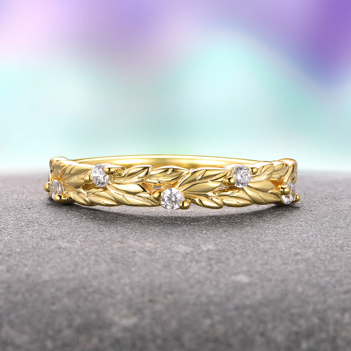 Diamond Leaf Wedding Band in Solid 14K Yellow Gold - Image 2