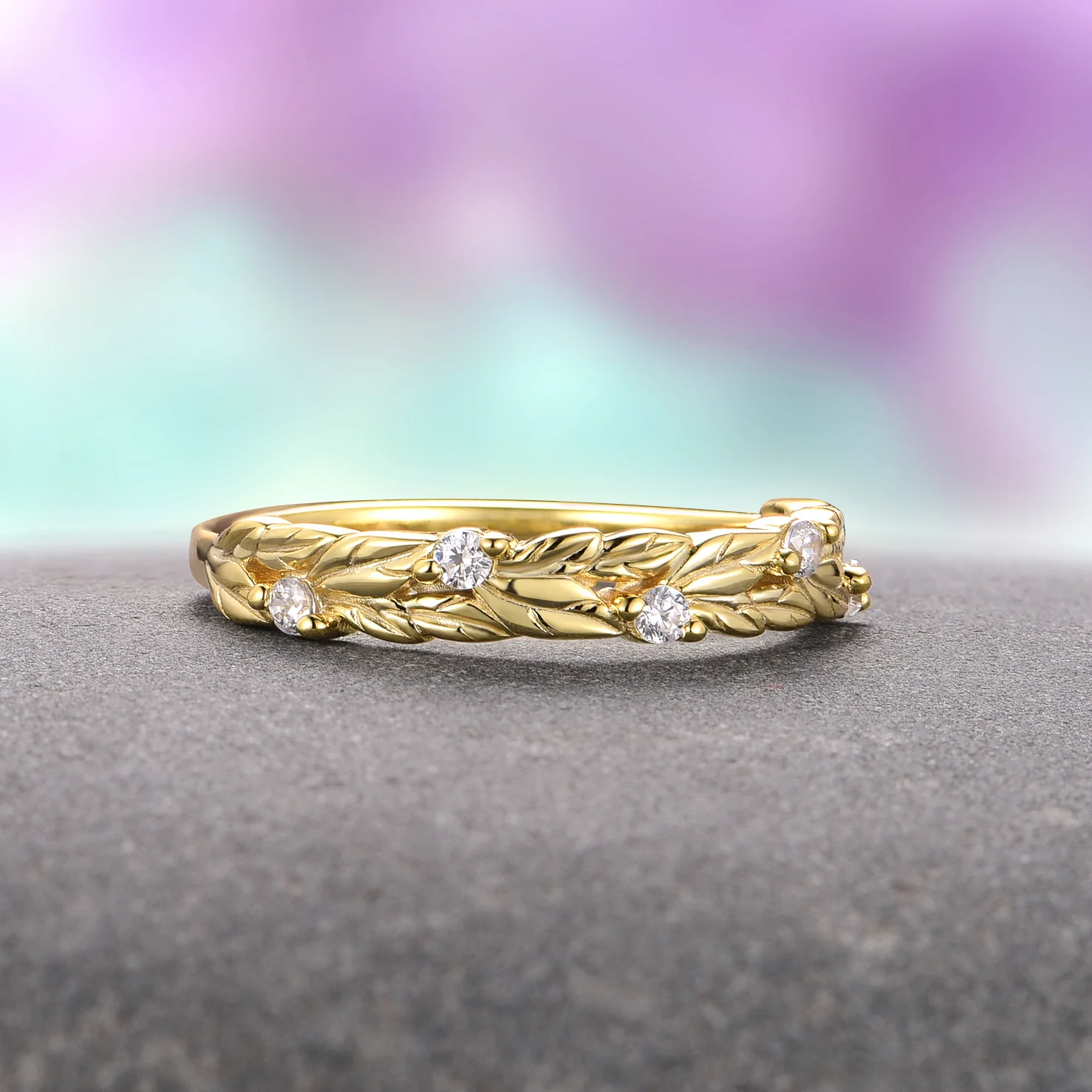 Diamond Leaf Wedding Band in Solid 14K Yellow Gold - Image 3