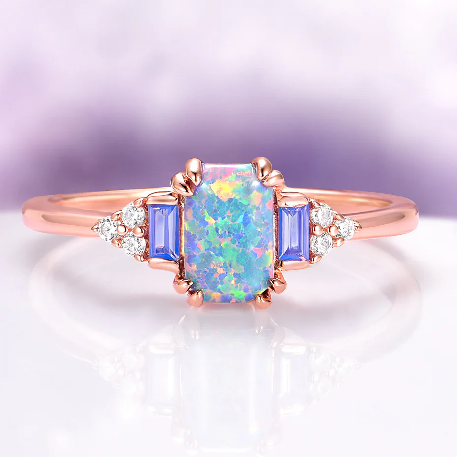 Light Blue Fire Opal & Opalescent Sapphire Couples Ring Set - Image 2