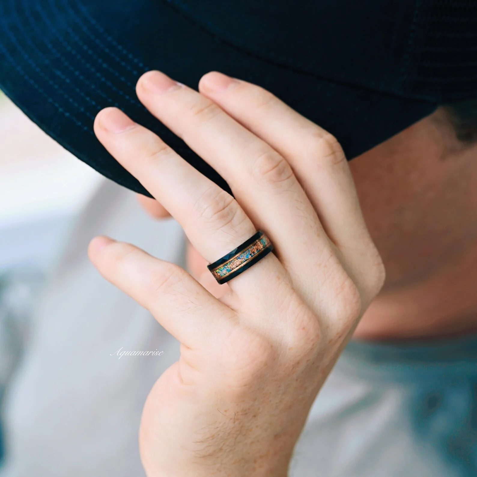Light Blue Fire Opal & Rose Gold Leaf Wedding Band- 8MM Black Tungsten - Image 4