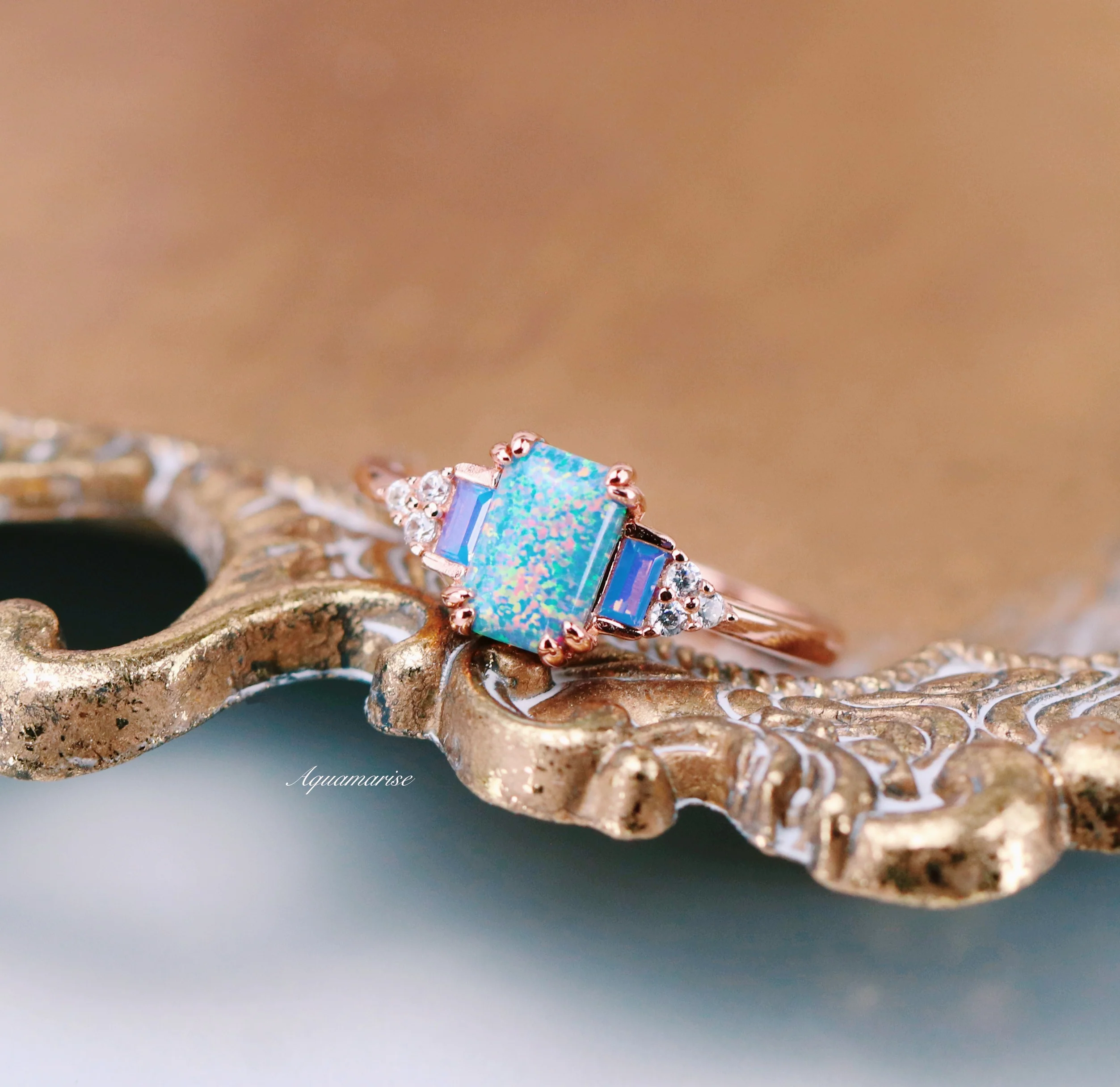 Light Blue Fire Opal & Opalescent Sapphire Couples Ring Set - Image 8