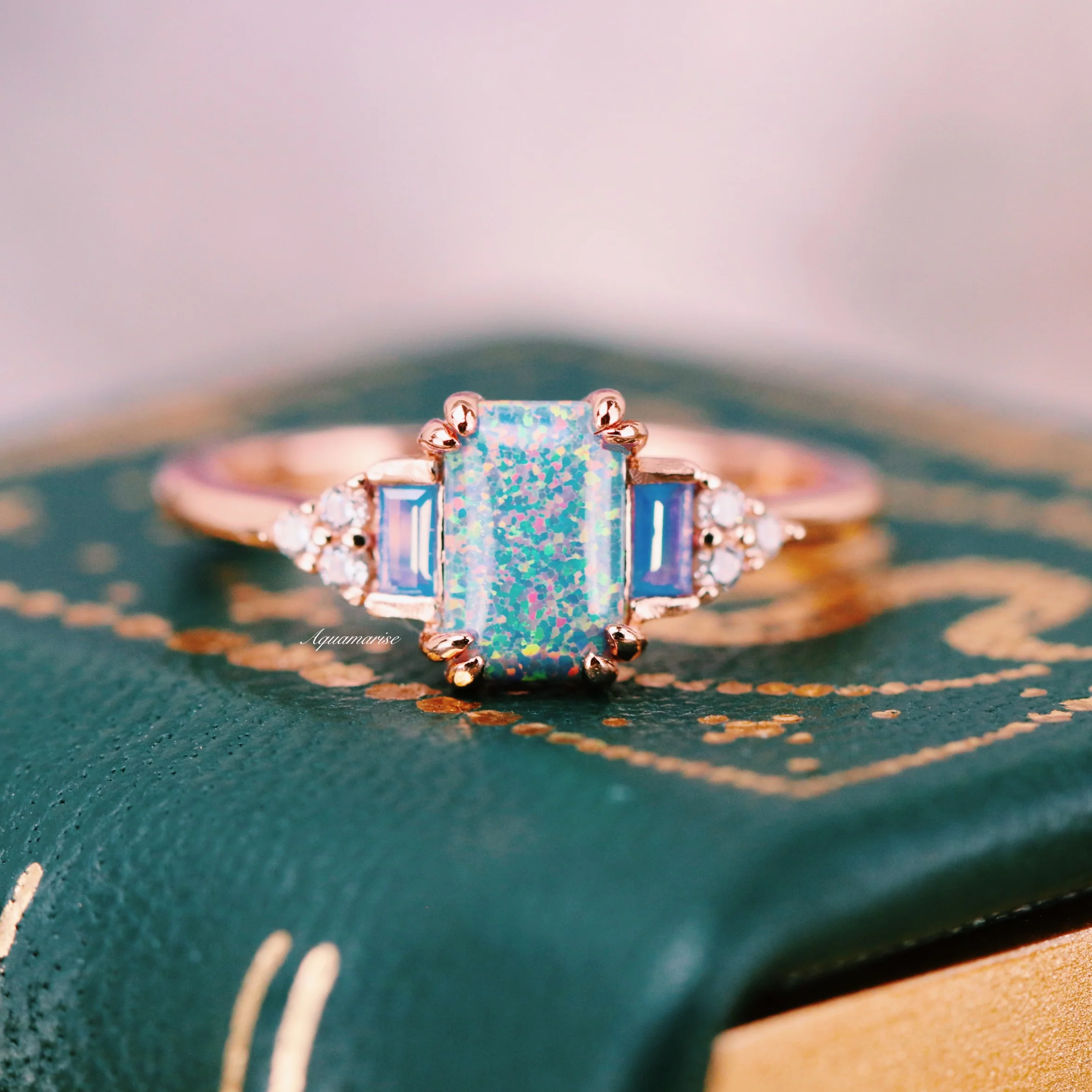 Light Blue Fire Opal & Opalescent Sapphire Couples Ring Set - Image 9