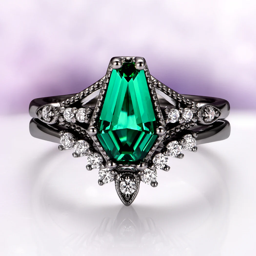 Lilith Coffin Cut Emerald & Green Fire Opal Couples Ring Set - Image 2