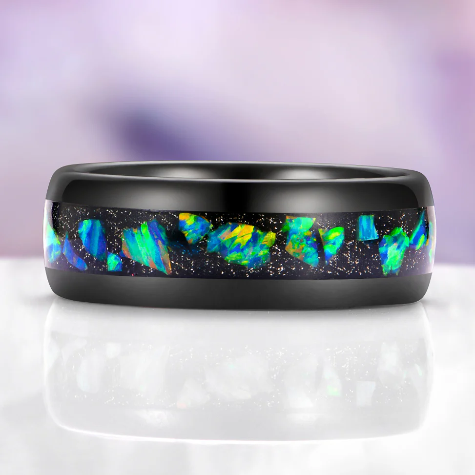 Lilith Coffin Cut Emerald & Green Fire Opal Couples Ring Set - Image 3