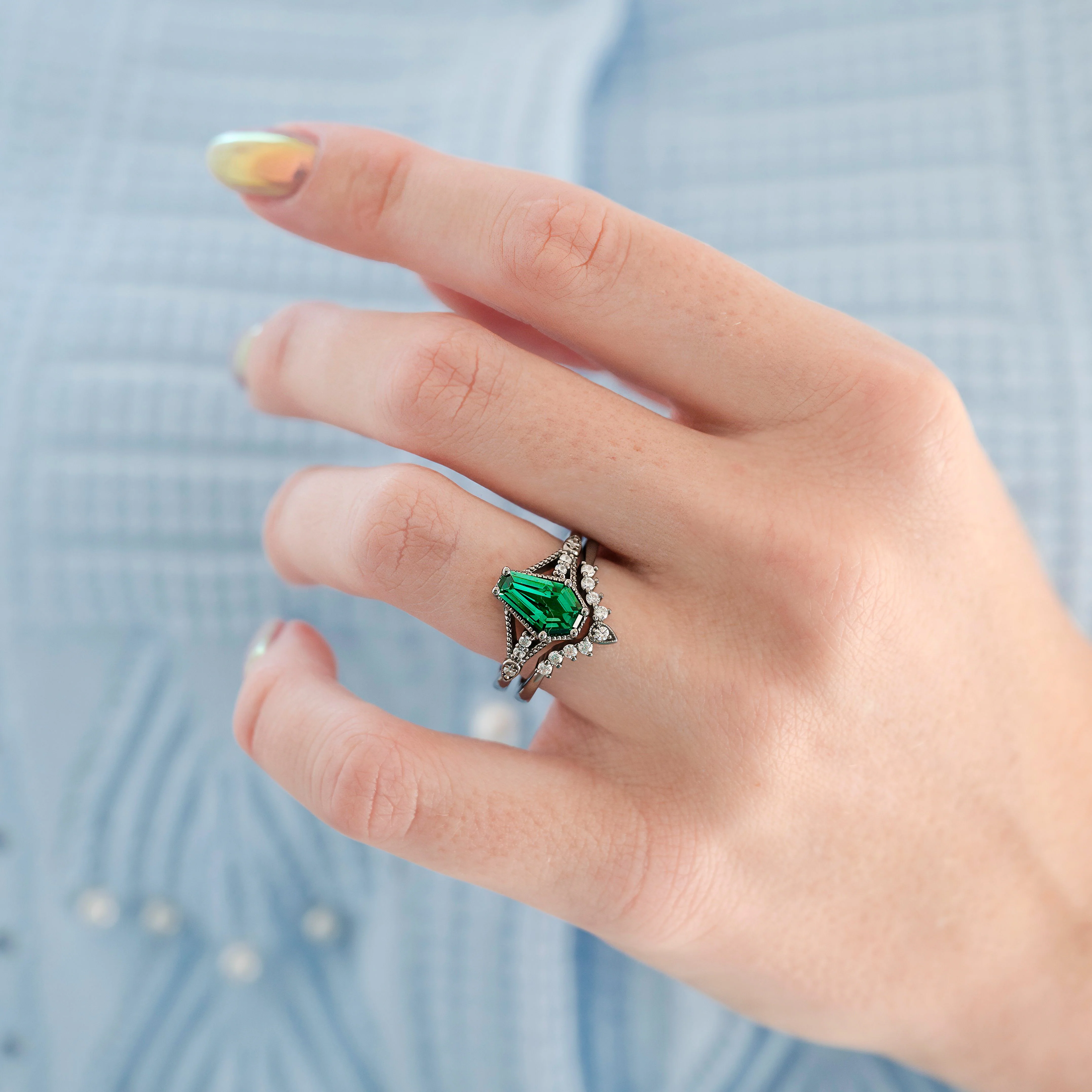 Lilith Coffin Cut Emerald & Green Fire Opal Couples Ring Set - Image 4