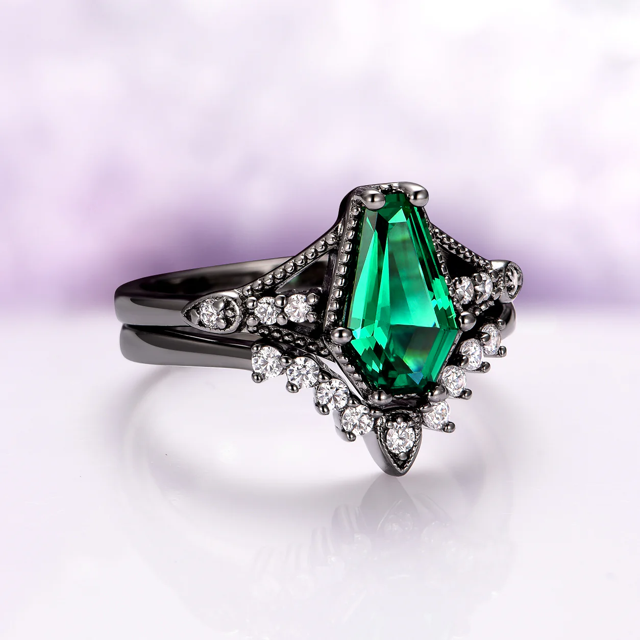Lilith Coffin Cut Emerald & Green Fire Opal Couples Ring Set - Image 5