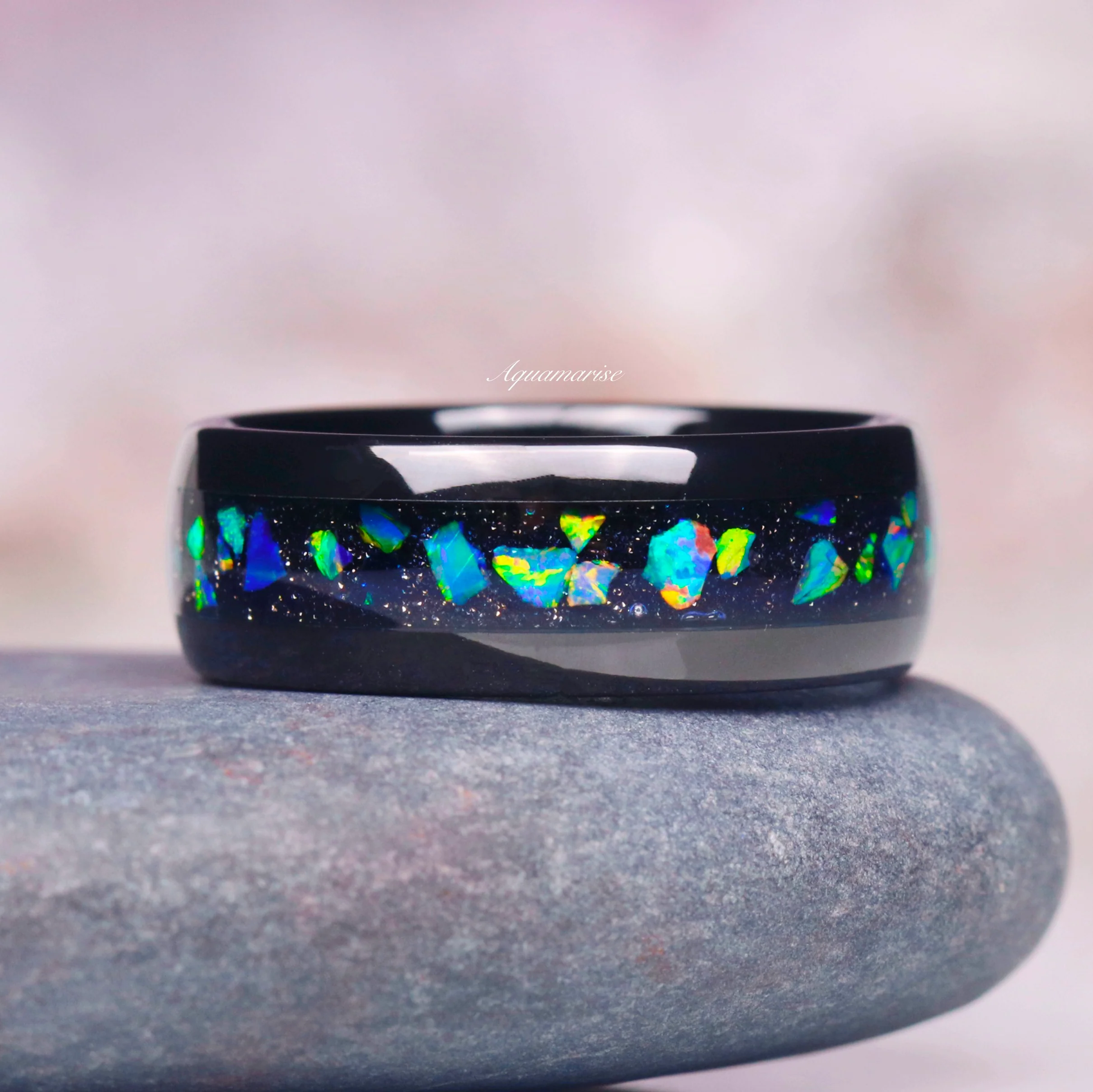 Lilith Coffin Cut Emerald & Green Fire Opal Couples Ring Set - Image 7