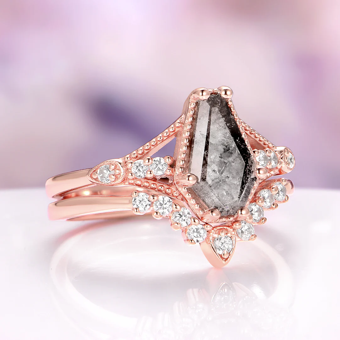 Lilith Coffin Cut Natural Herkimer Diamond Ring Set in Solid 14K Rose Gold - Image 5