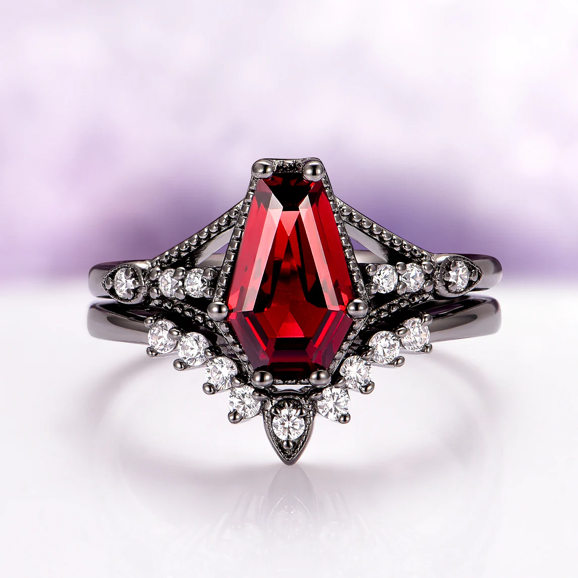 Lilith Coffin Cut Natural Red Garnet Couples Ring Set - Image 2