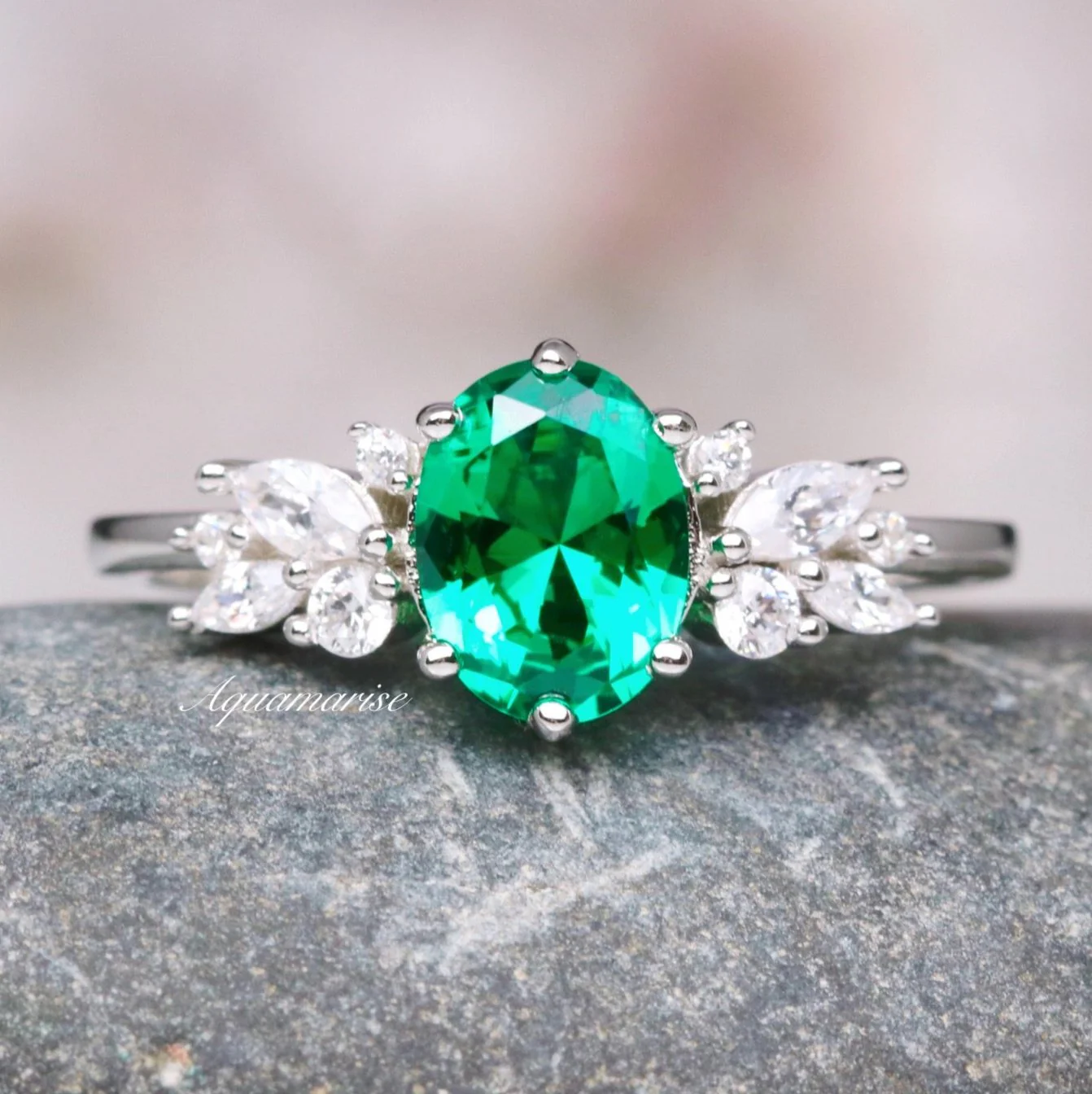 Lily Vintage Emerald Flower Engagement Ring in 14K White Gold - Image 3