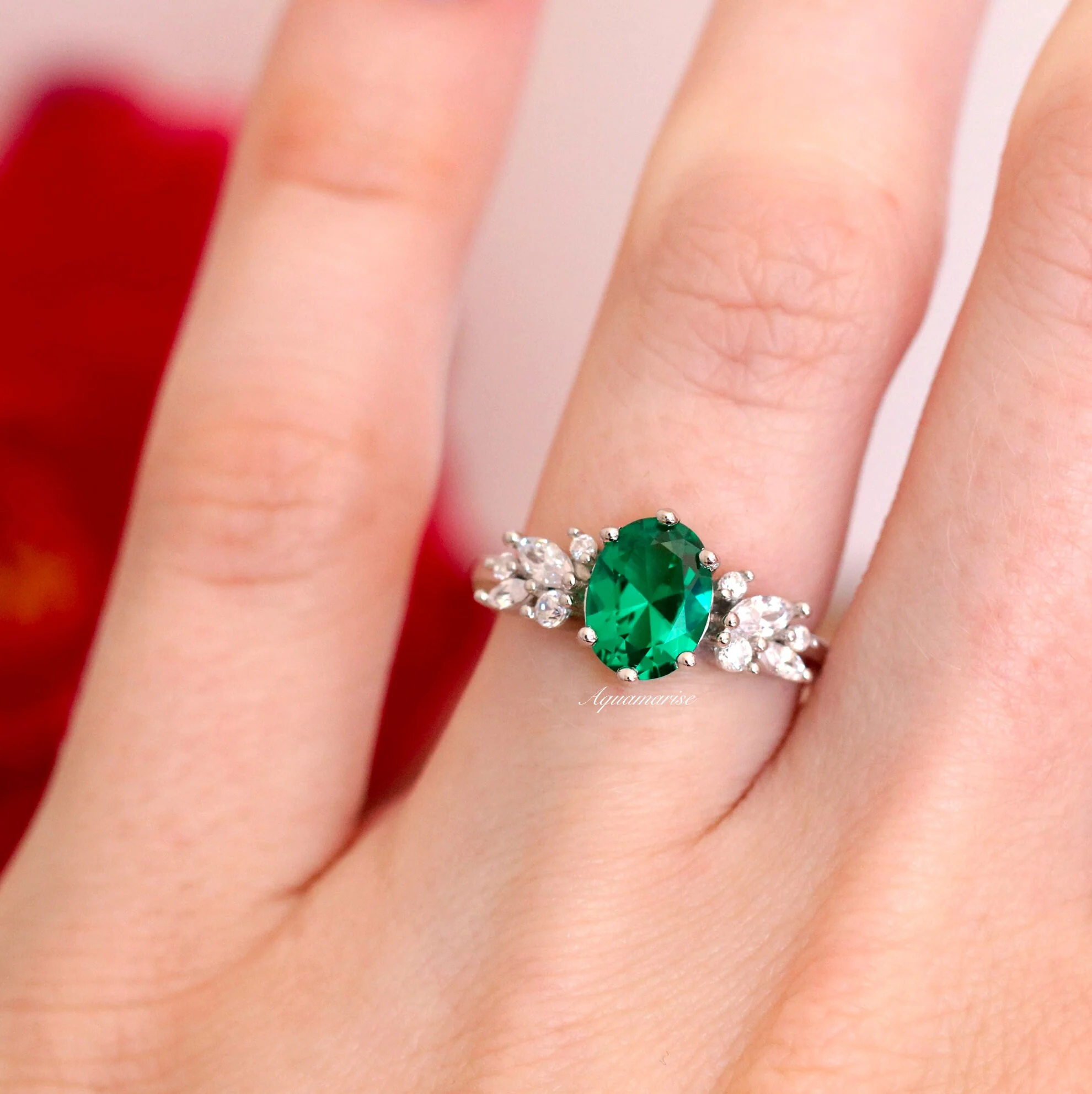 Lily Vintage Emerald Flower Engagement Ring in 14K White Gold - Image 5
