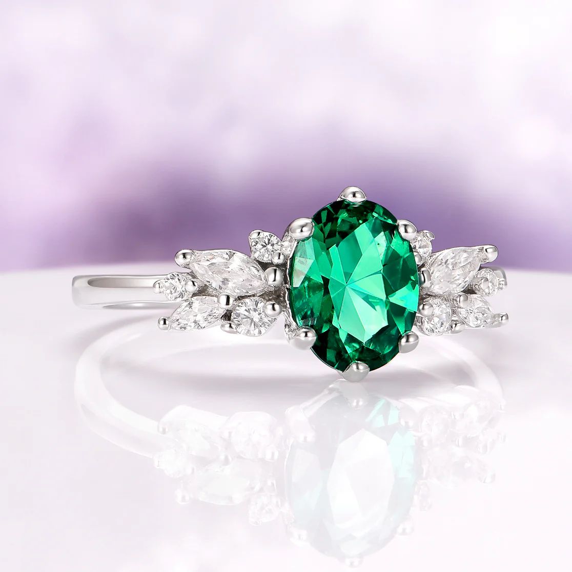 Lily Vintage Emerald Flower Engagement Ring in 14K White Gold - Image 6