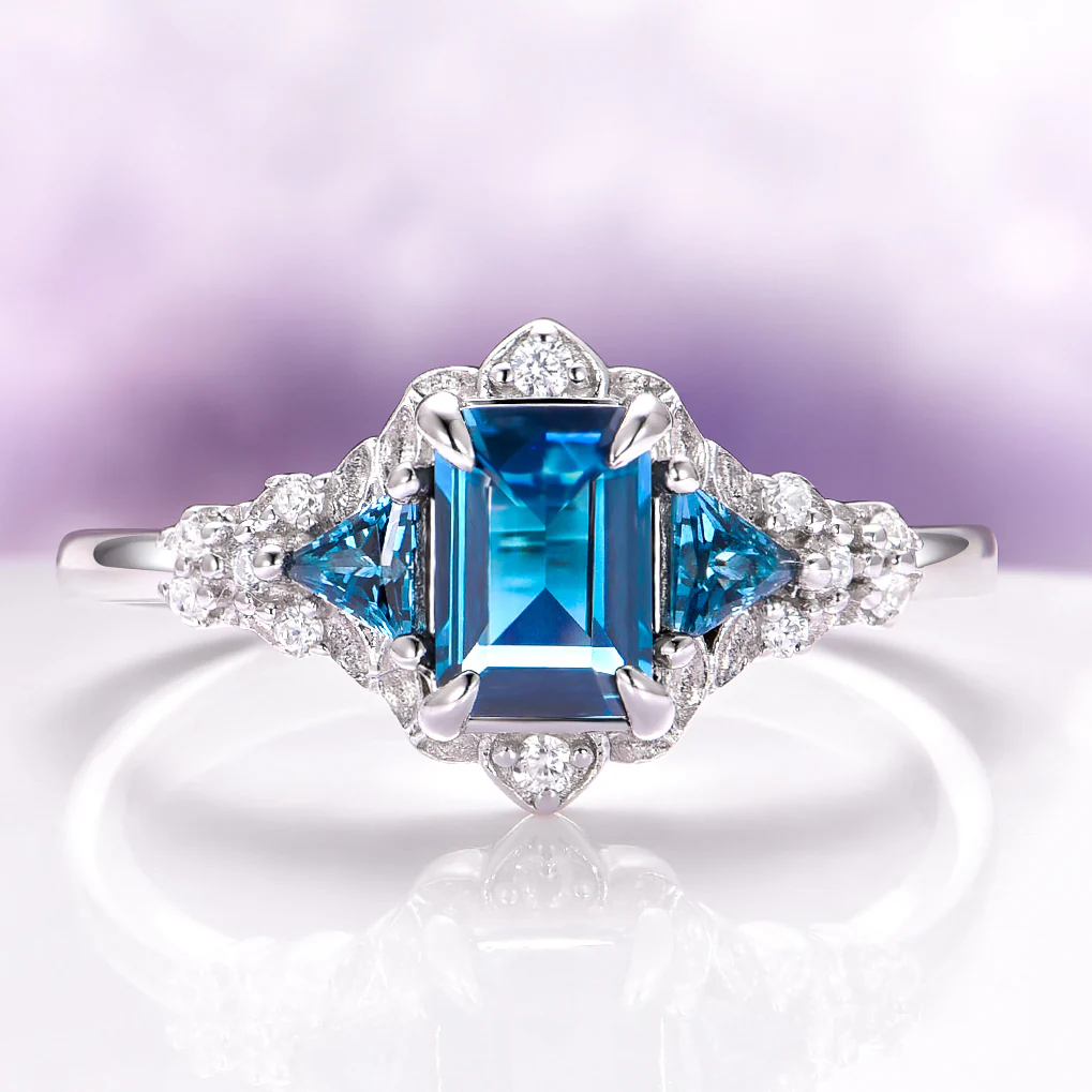 Emerald Cut London Blue Topaz Leaf Engagement Ring in 14K White Gold