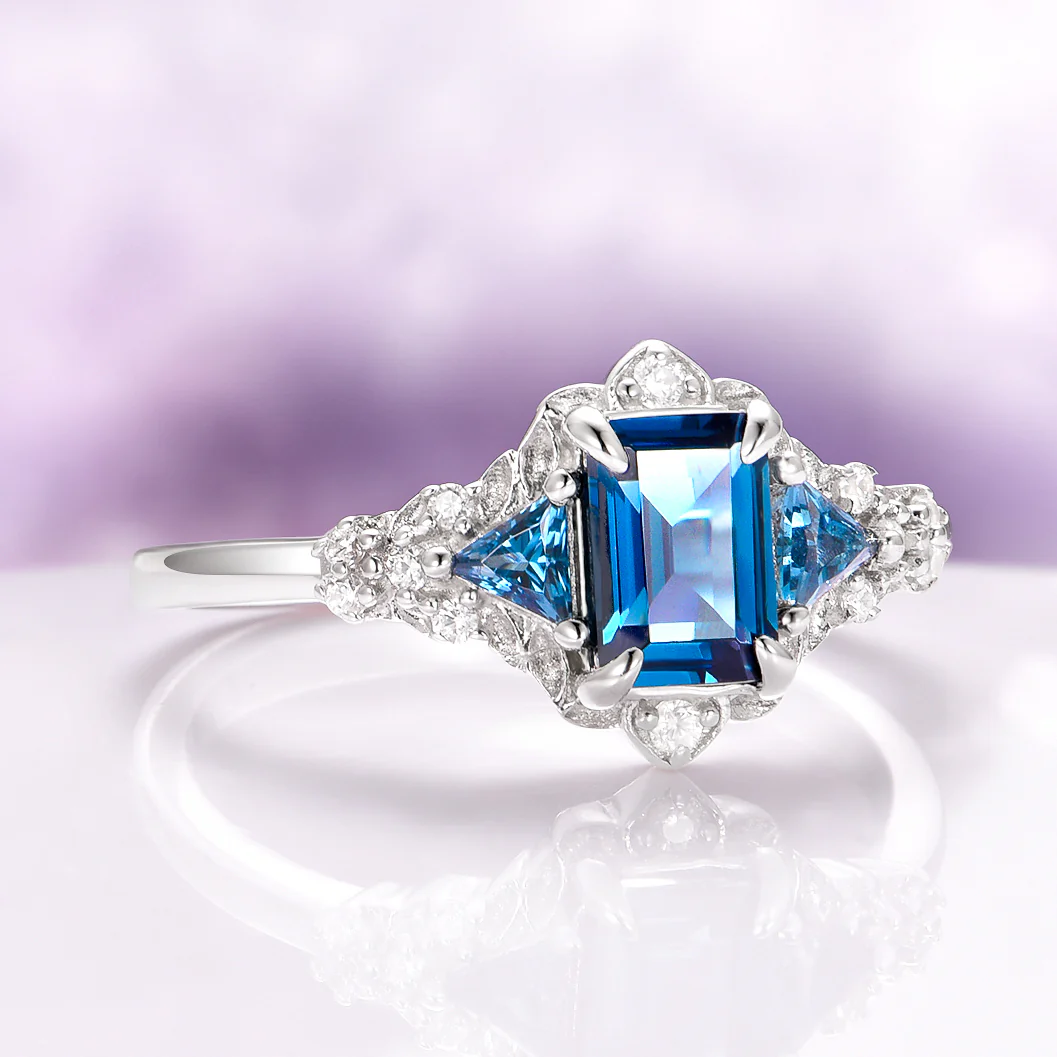 Emerald Cut London Blue Topaz Leaf Engagement Ring in 14K White Gold - Image 2