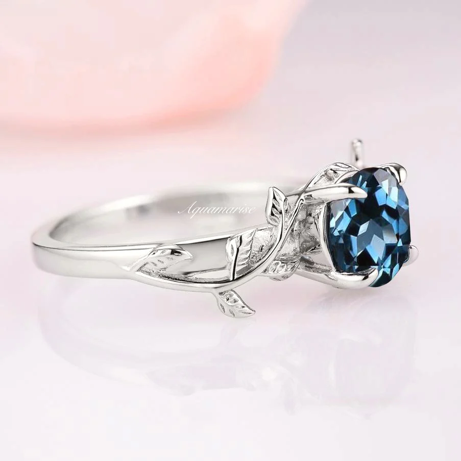 London Blue Topaz Leaf Ring- 14K White Gold - Image 4