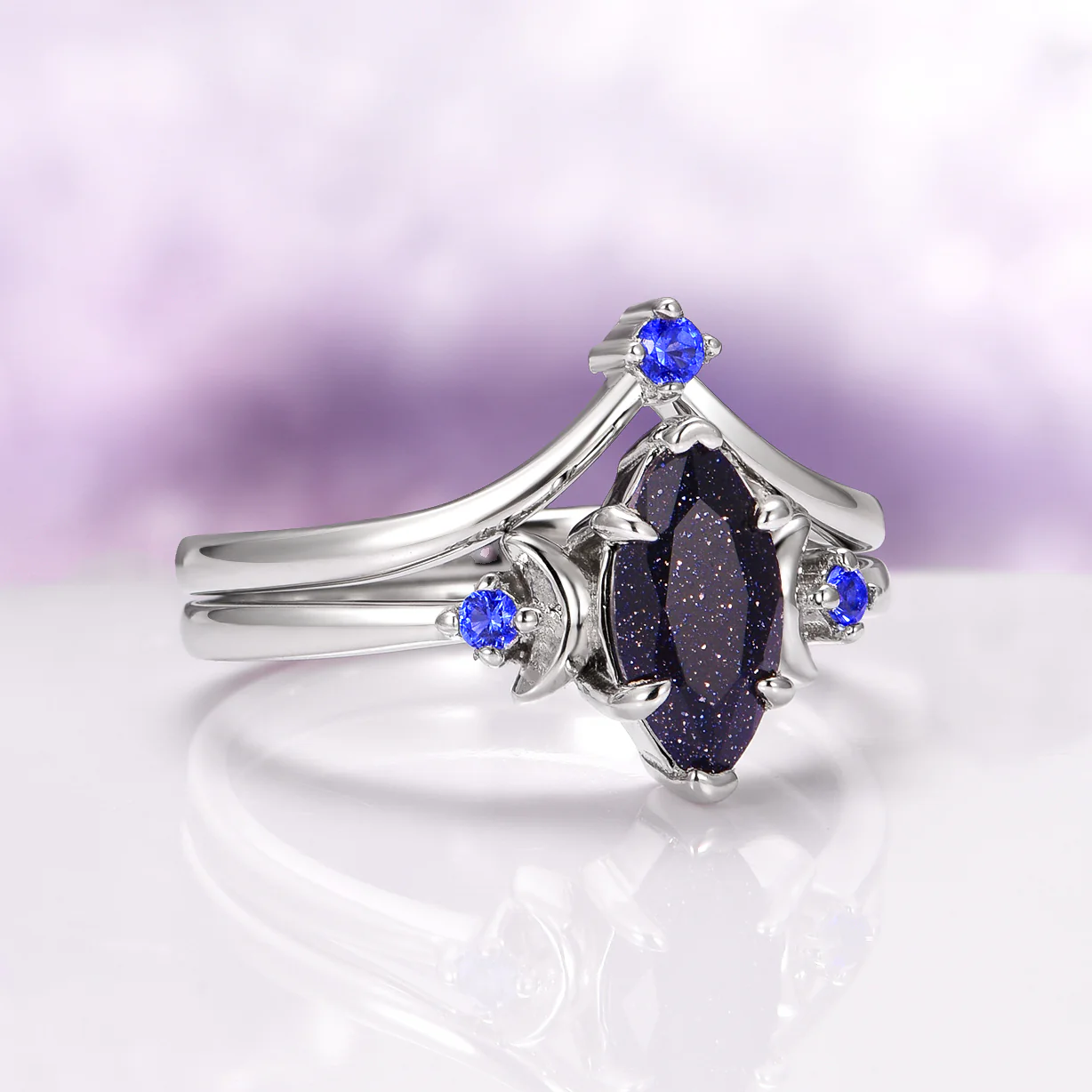 Lunar Starlight Sandstone Ring Set (Starry Night) in 14K White Gold - Image 5