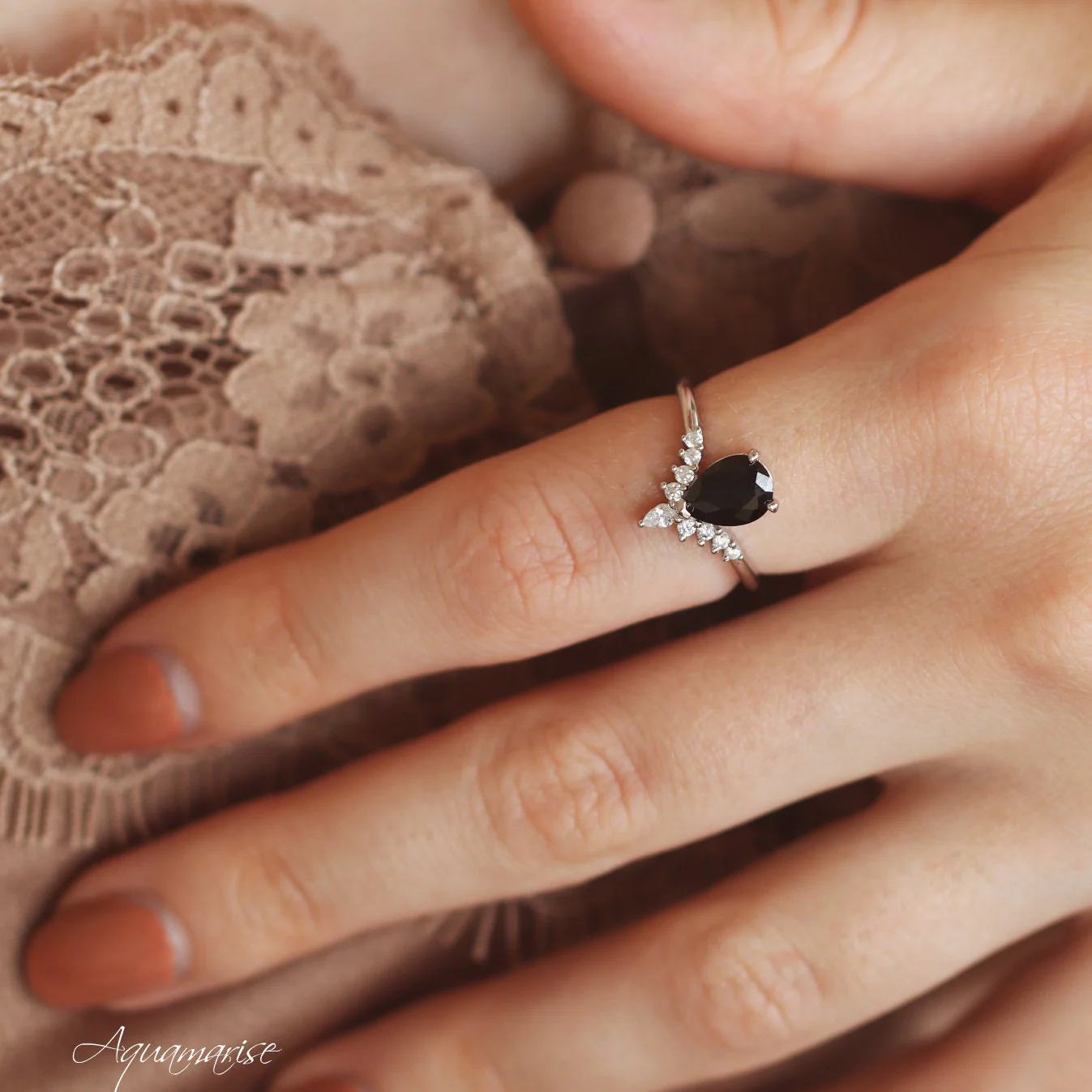 Lunette Black Onyx Engagement Ring Set in 14K White Gold - Image 4