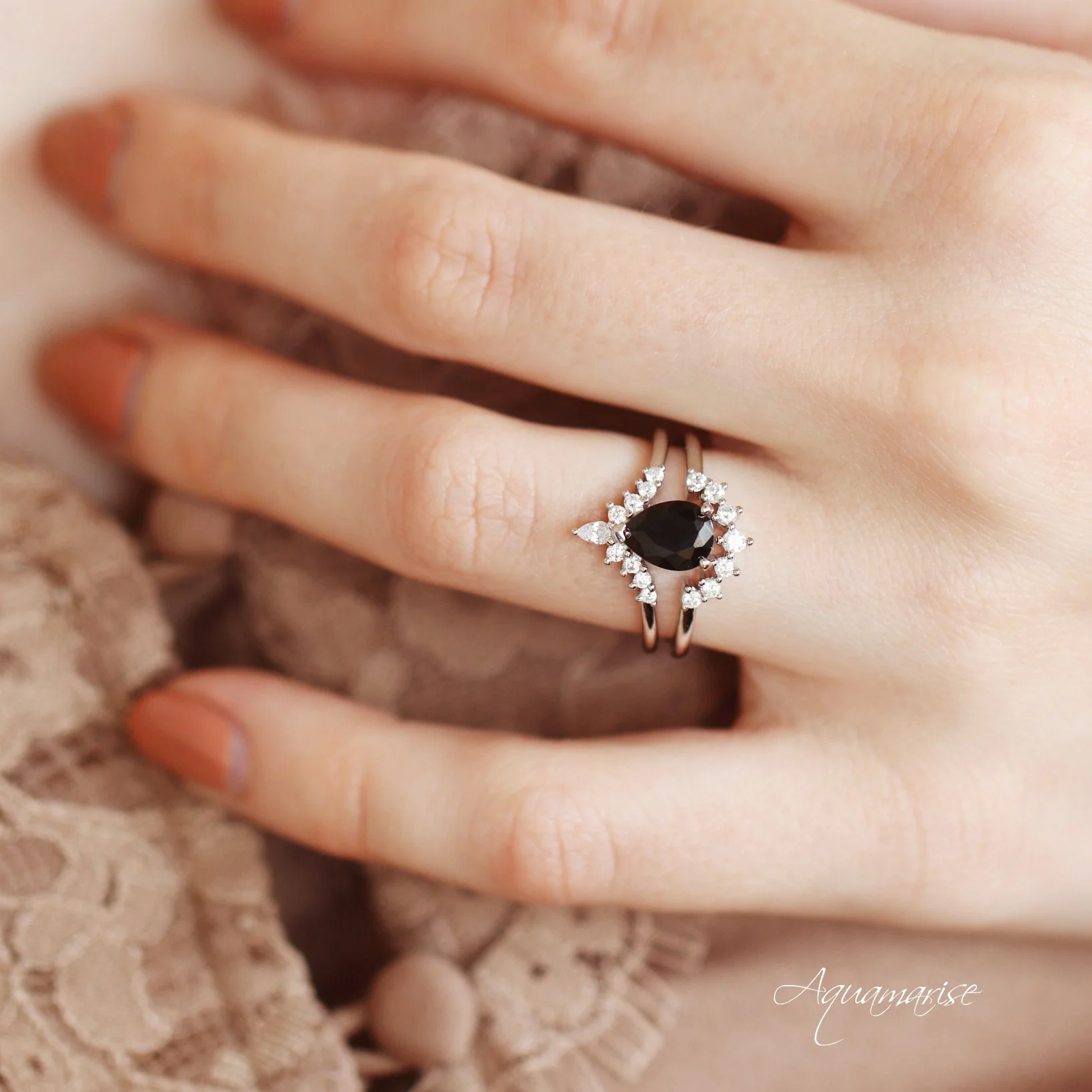 Lunette Black Onyx Engagement Ring Set in 14K White Gold - Image 6