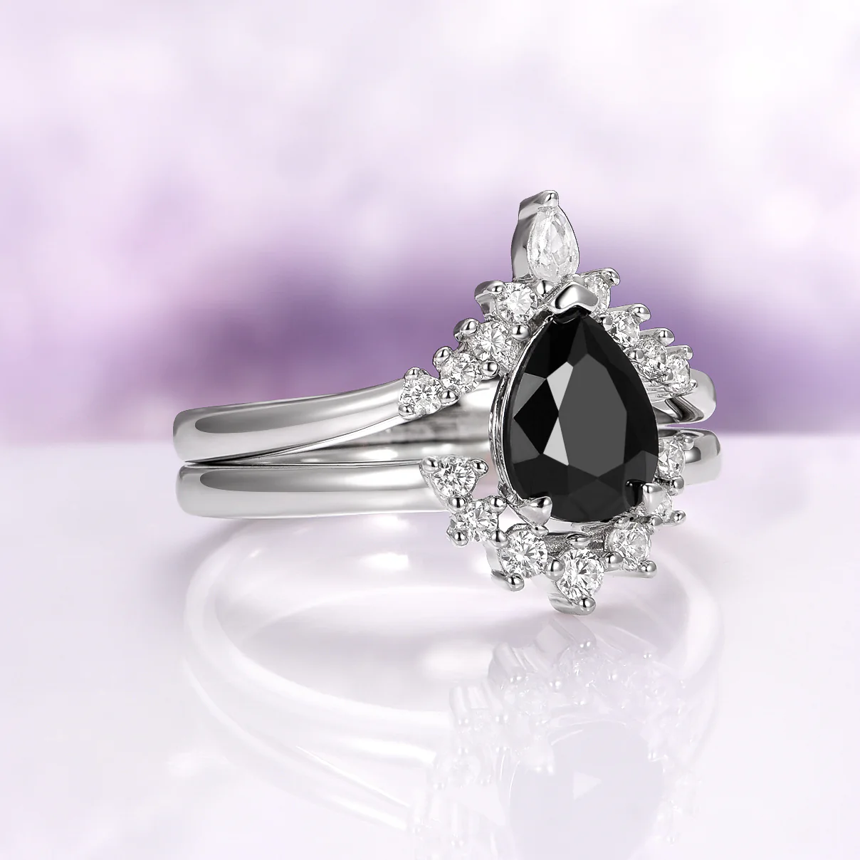 Lunette Black Onyx Engagement Ring Set in 14K White Gold - Image 7