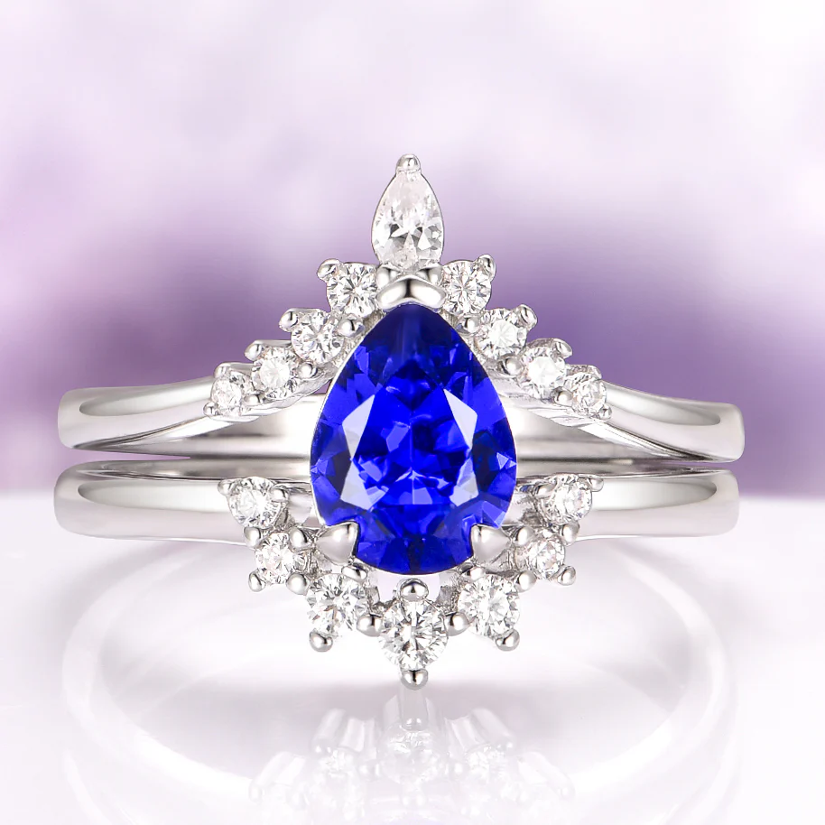 Lunette Teardrop Blue Sapphire Engagement Ring Set in 14K White Gold