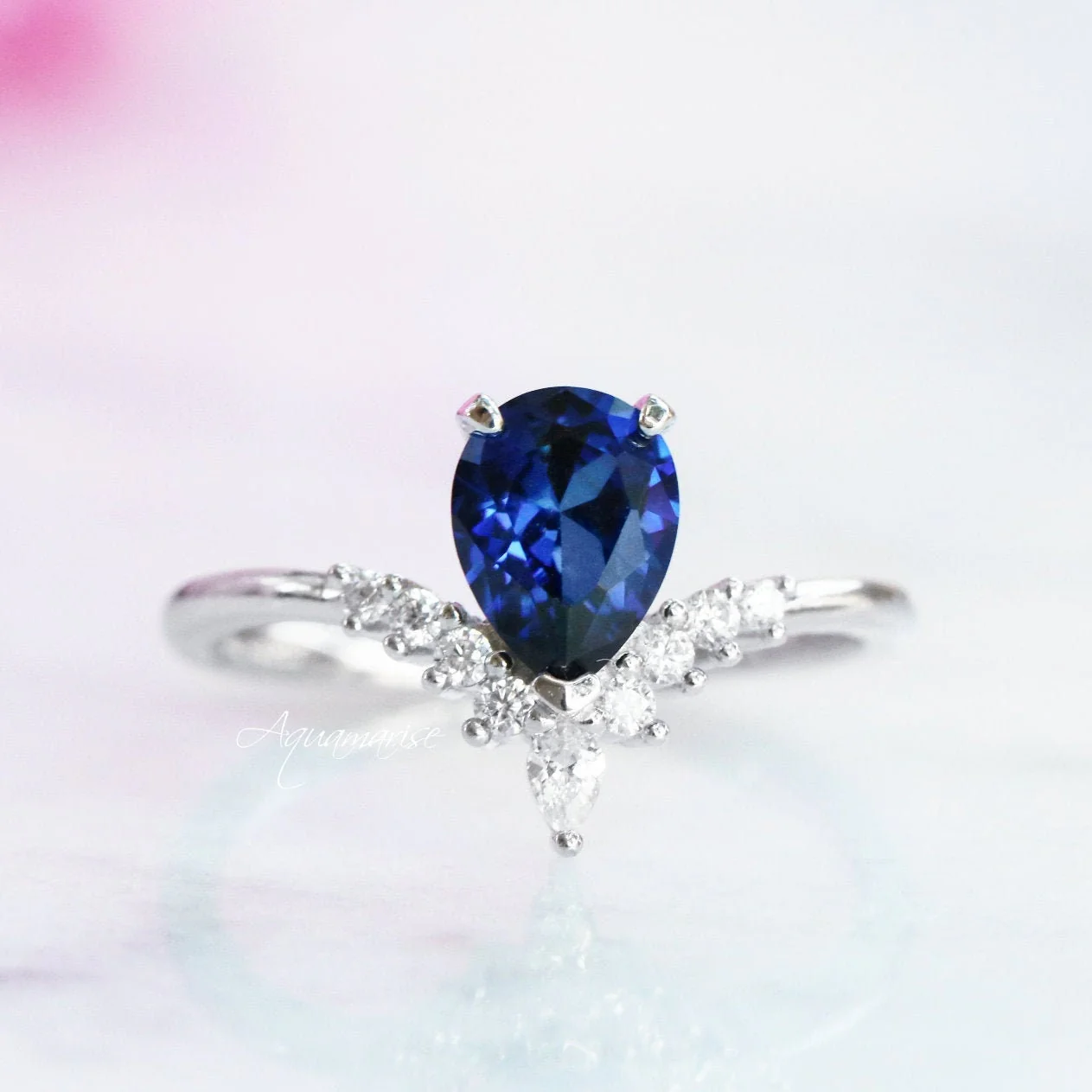 Lunette Teardrop Blue Sapphire Engagement Ring Set in 14K White Gold - Image 4