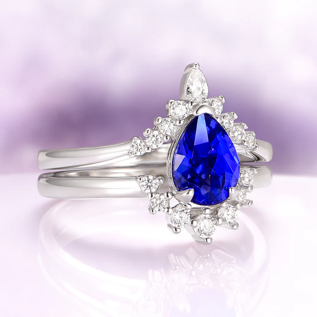 Lunette Teardrop Blue Sapphire Engagement Ring Set in 14K White Gold - Image 5
