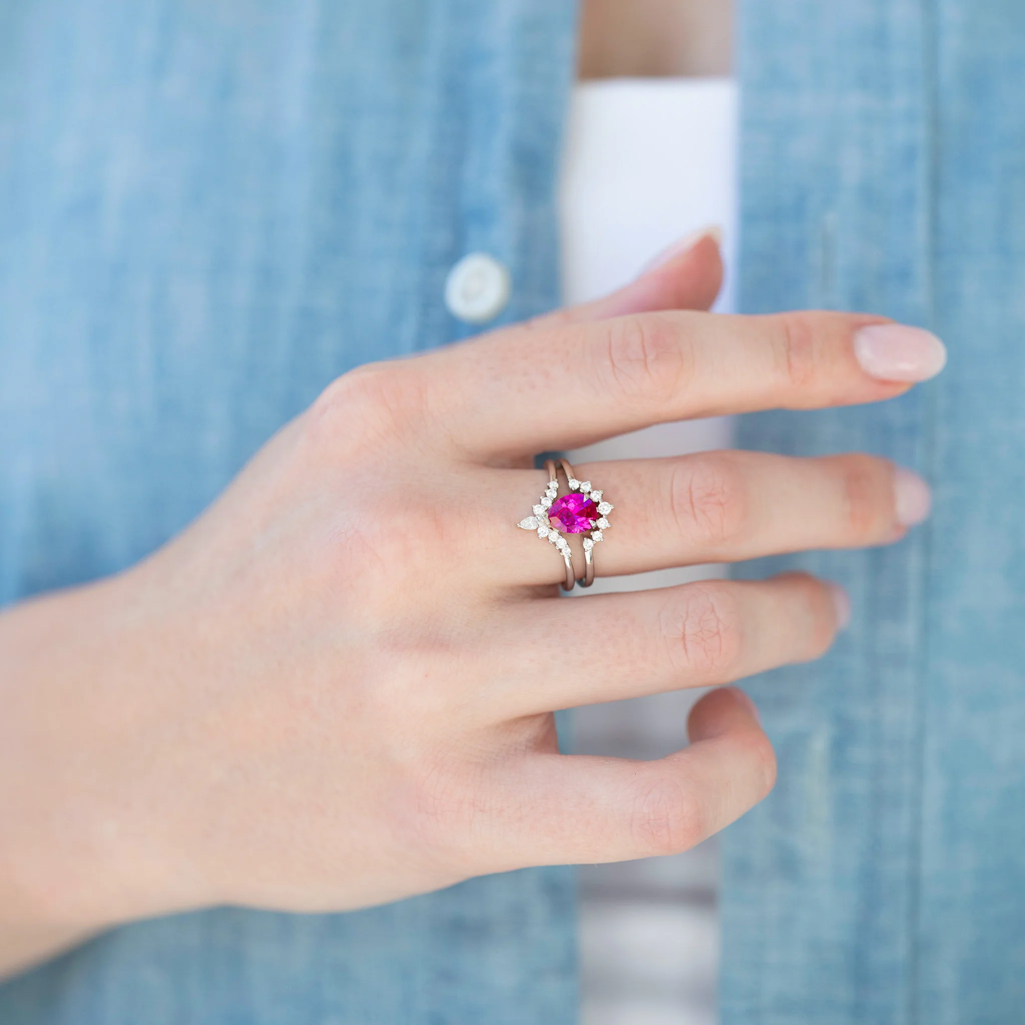 Lunette Vivid Pink Sapphire Ring Set in 14K White Gold - Image 2
