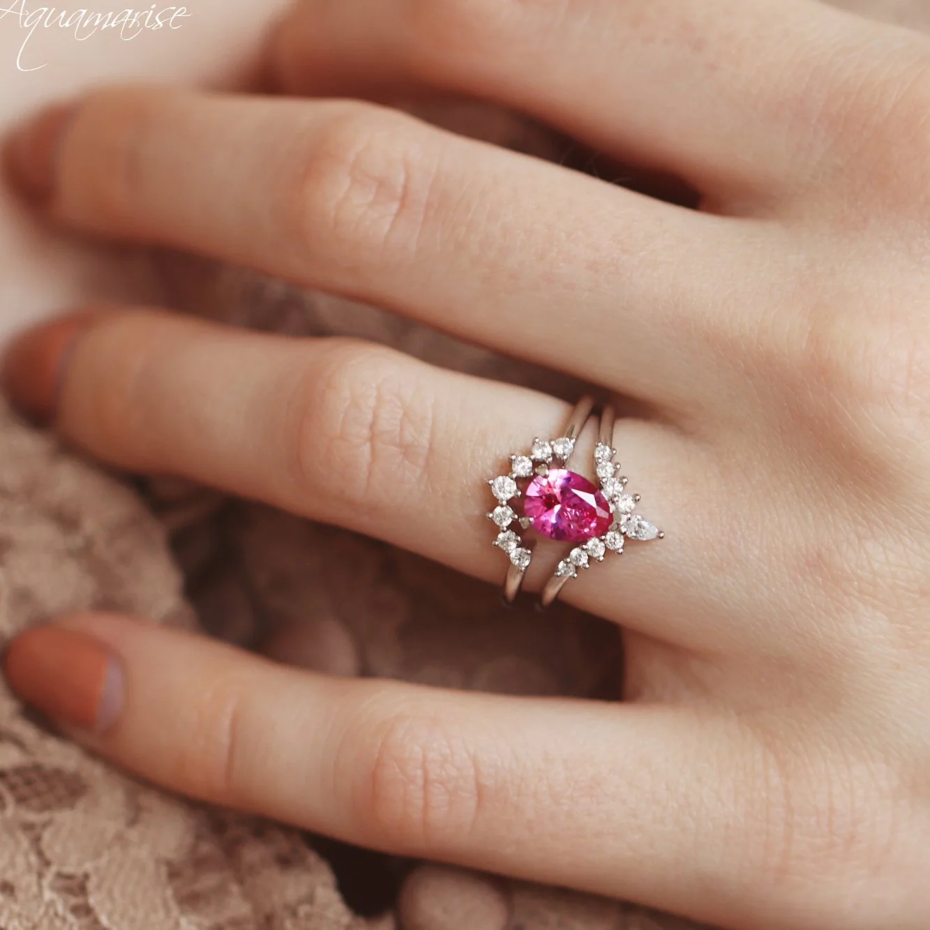 Lunette Vivid Pink Sapphire Ring Set in 14K White Gold - Image 3