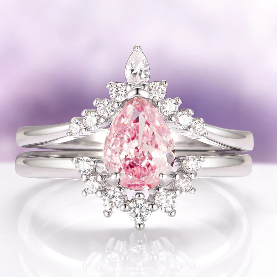 Lunette Teardrop Natural Pink Tourmaline Engagement Ring Set in 14K White Gold