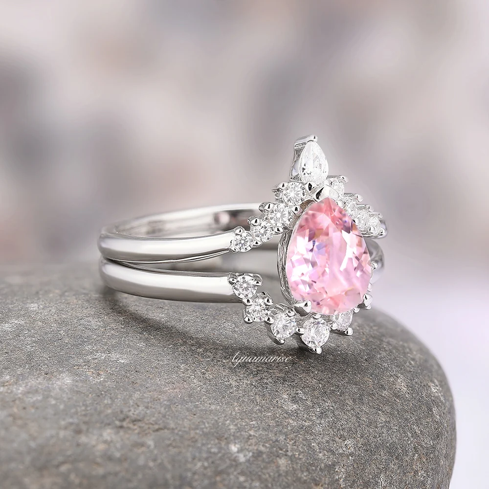 Lunette Teardrop Natural Pink Tourmaline Engagement Ring Set in 14K White Gold - Image 2
