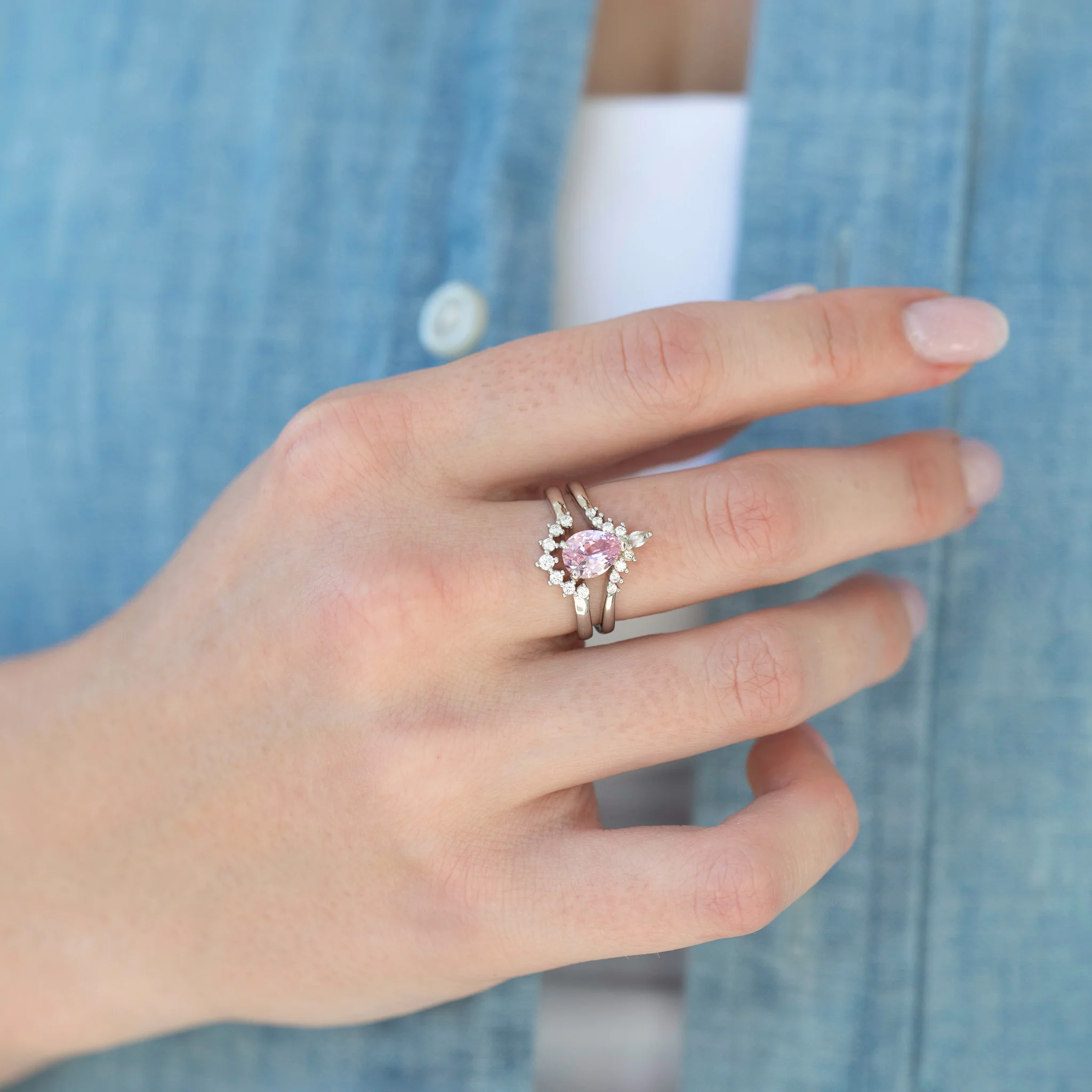 Lunette Teardrop Natural Pink Tourmaline Engagement Ring Set in 14K White Gold - Image 3