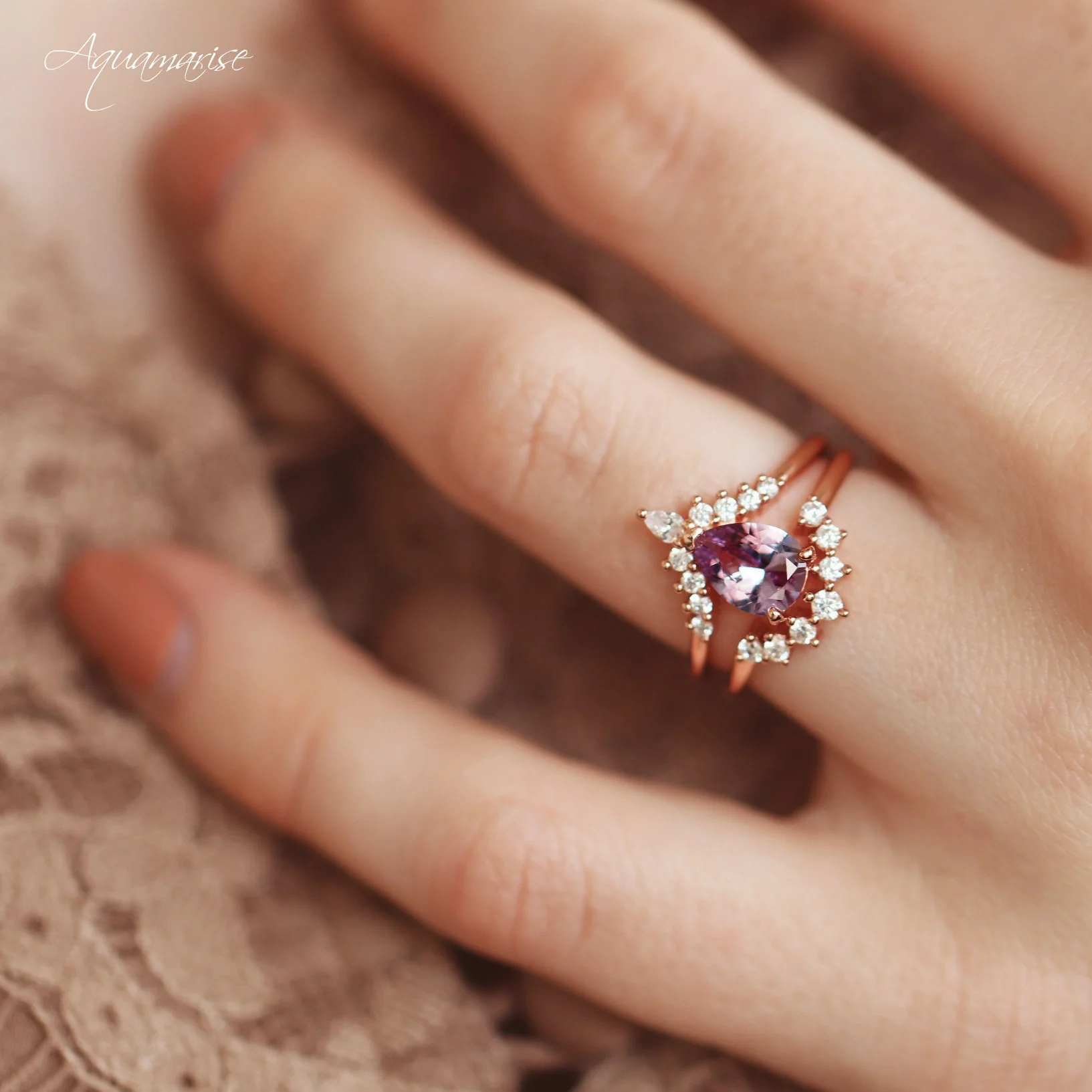 Lunette Teardrop Alexandrite Engagement Ring Set in 14K Solid Rose Gold - Image 3