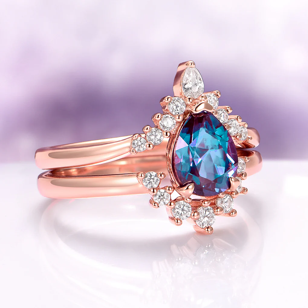 Lunette Teardrop Alexandrite Engagement Ring Set in 14K Solid Rose Gold - Image 5