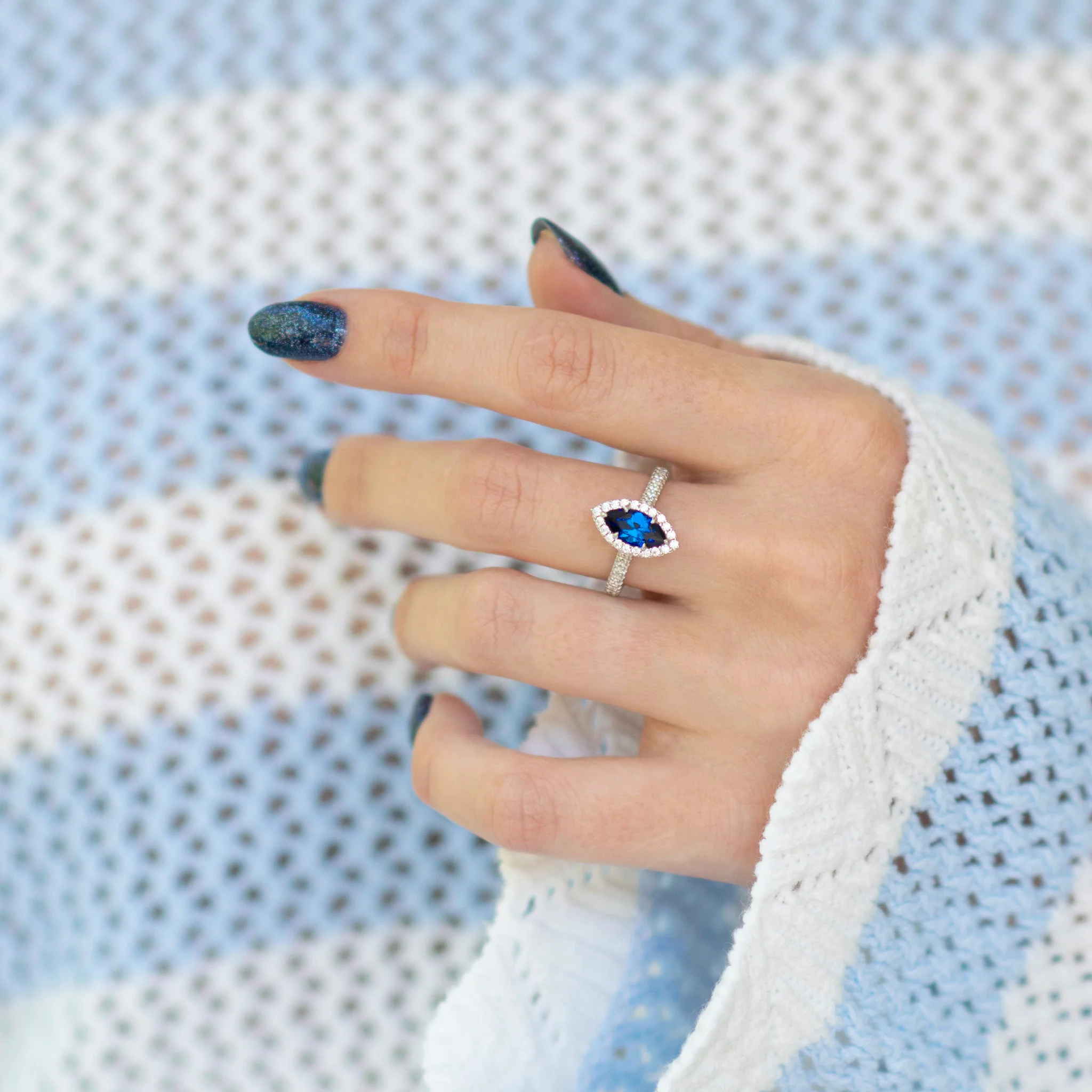 Valeria Marquise Halo Blue Sapphire Ring- Sterling Silver - Image 3