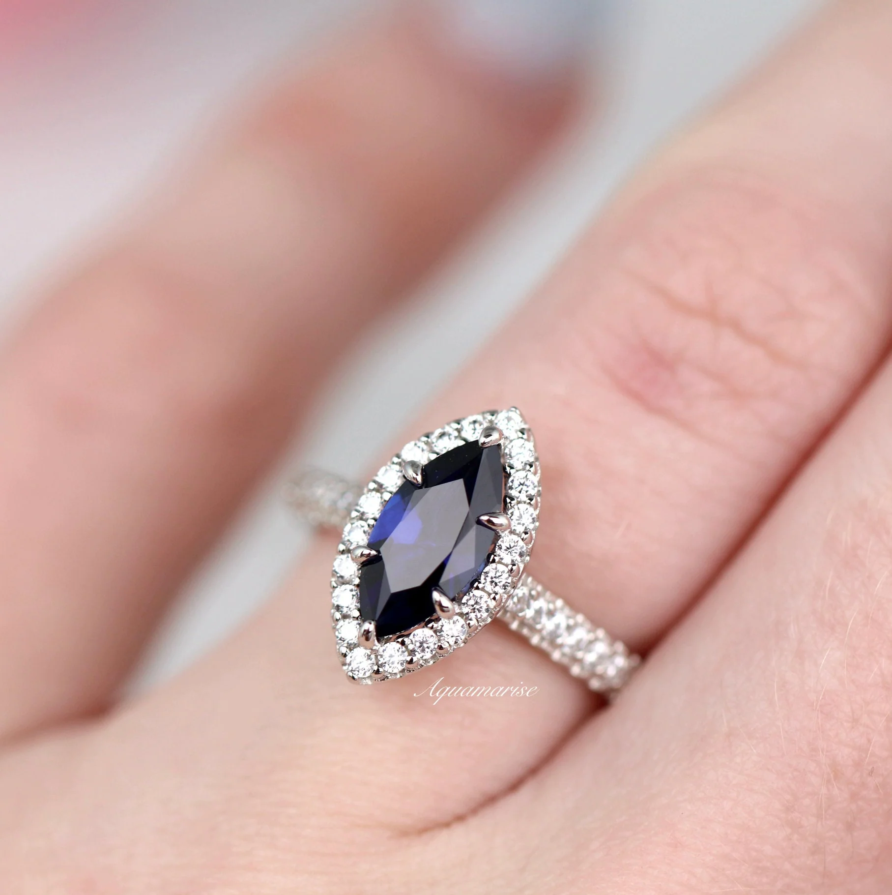 Valeria Marquise Halo Blue Sapphire Ring- Sterling Silver - Image 4