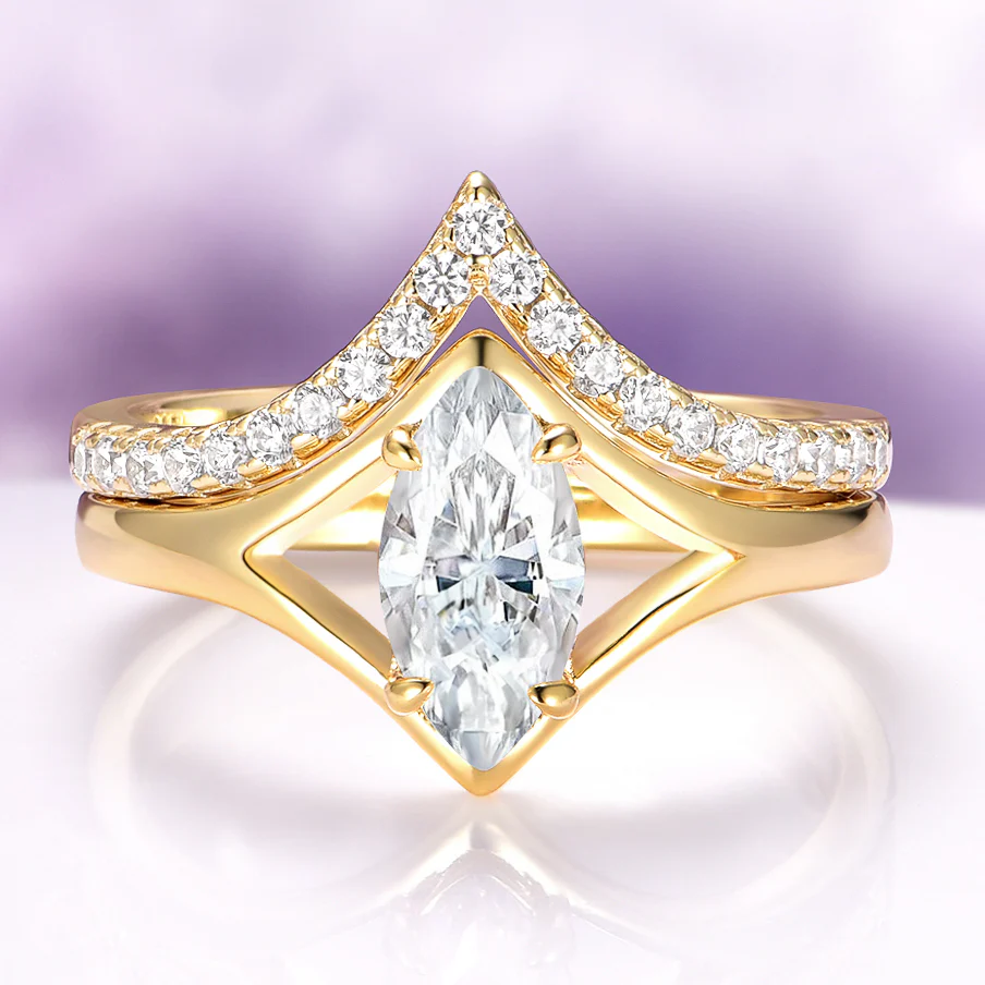 Marquise Cut Moissanite Engagement Ring Set in 14K Solid Yellow Gold
