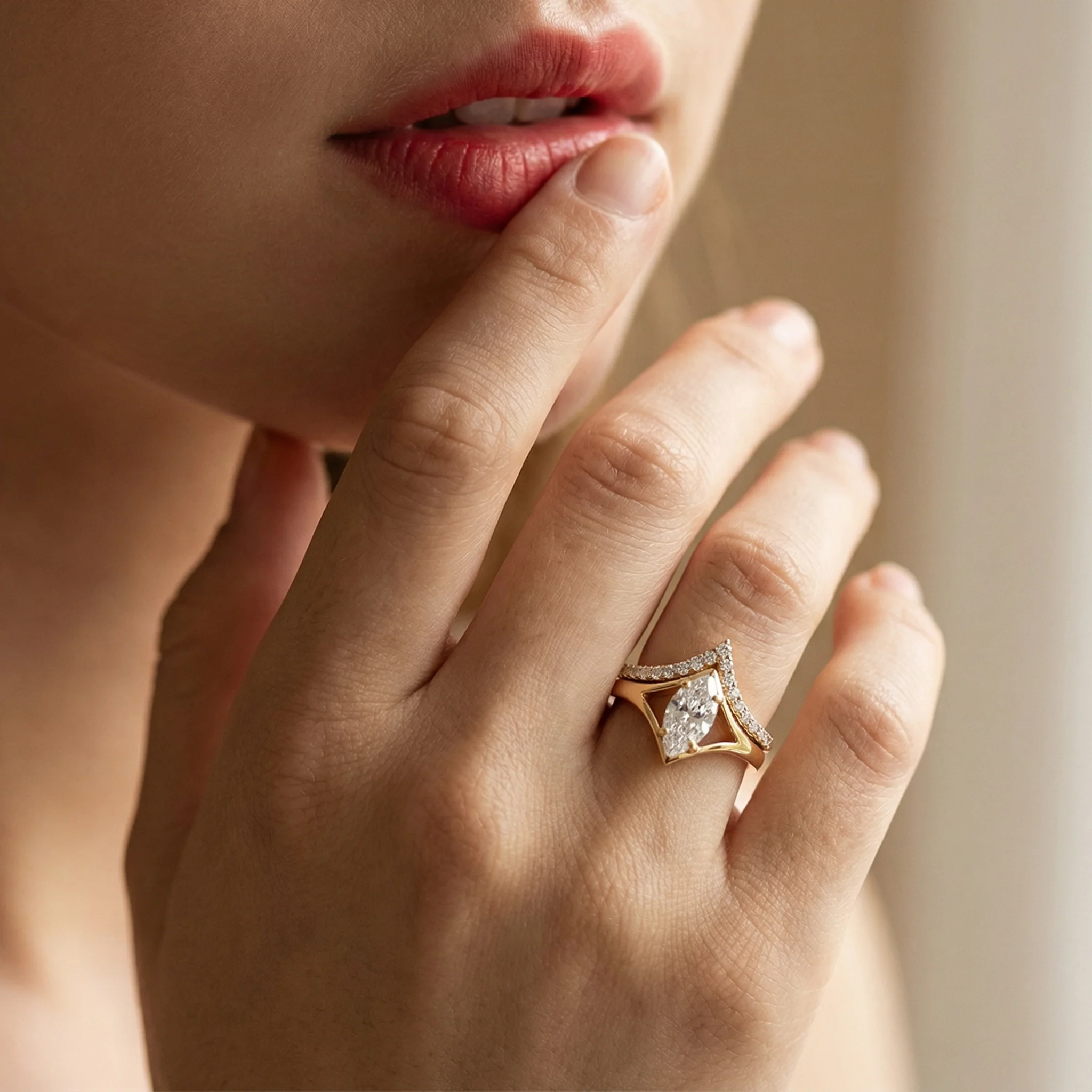 Marquise Cut Moissanite Engagement Ring Set in 14K Solid Yellow Gold - Image 2