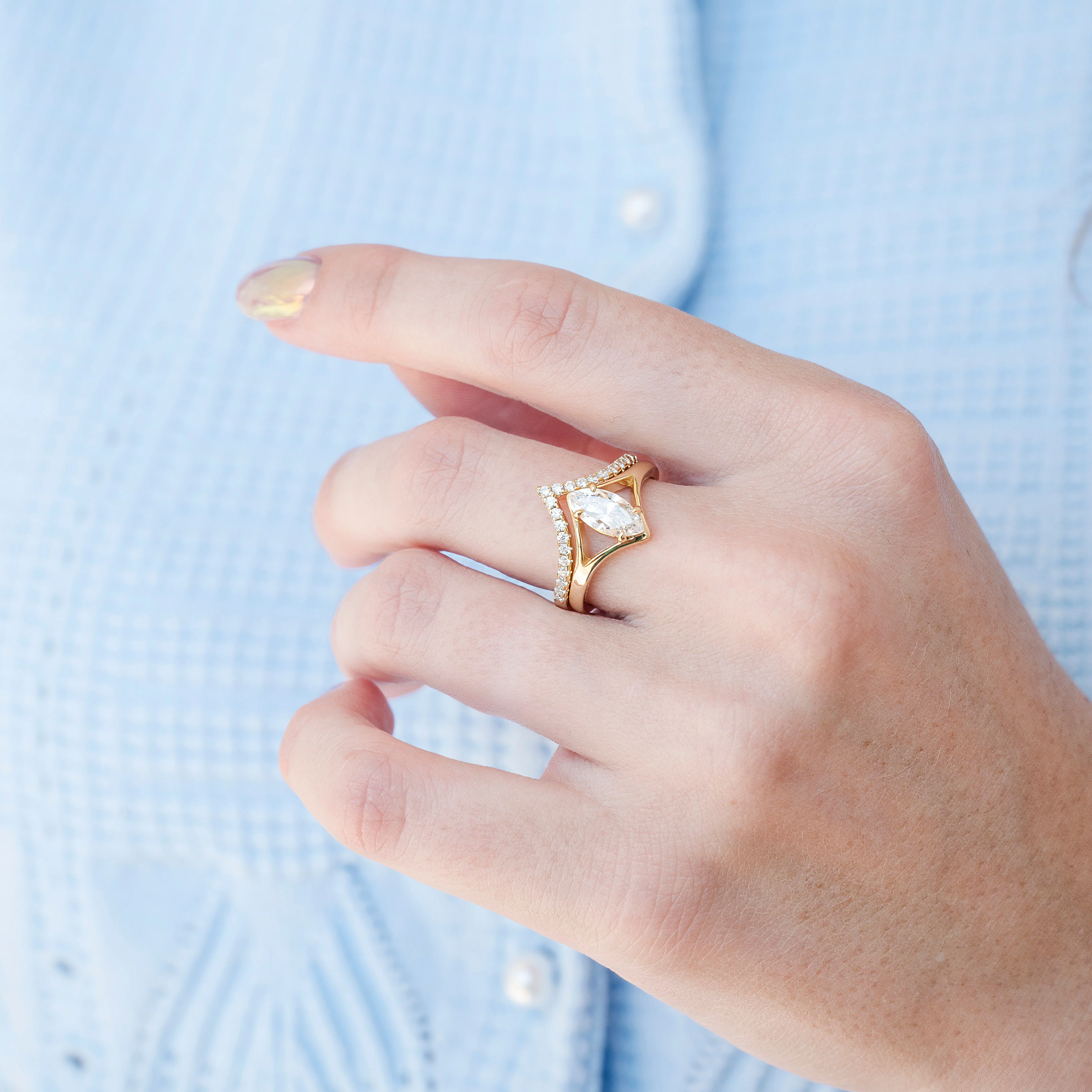 Marquise Cut Moissanite Engagement Ring Set in 14K Solid Yellow Gold - Image 3
