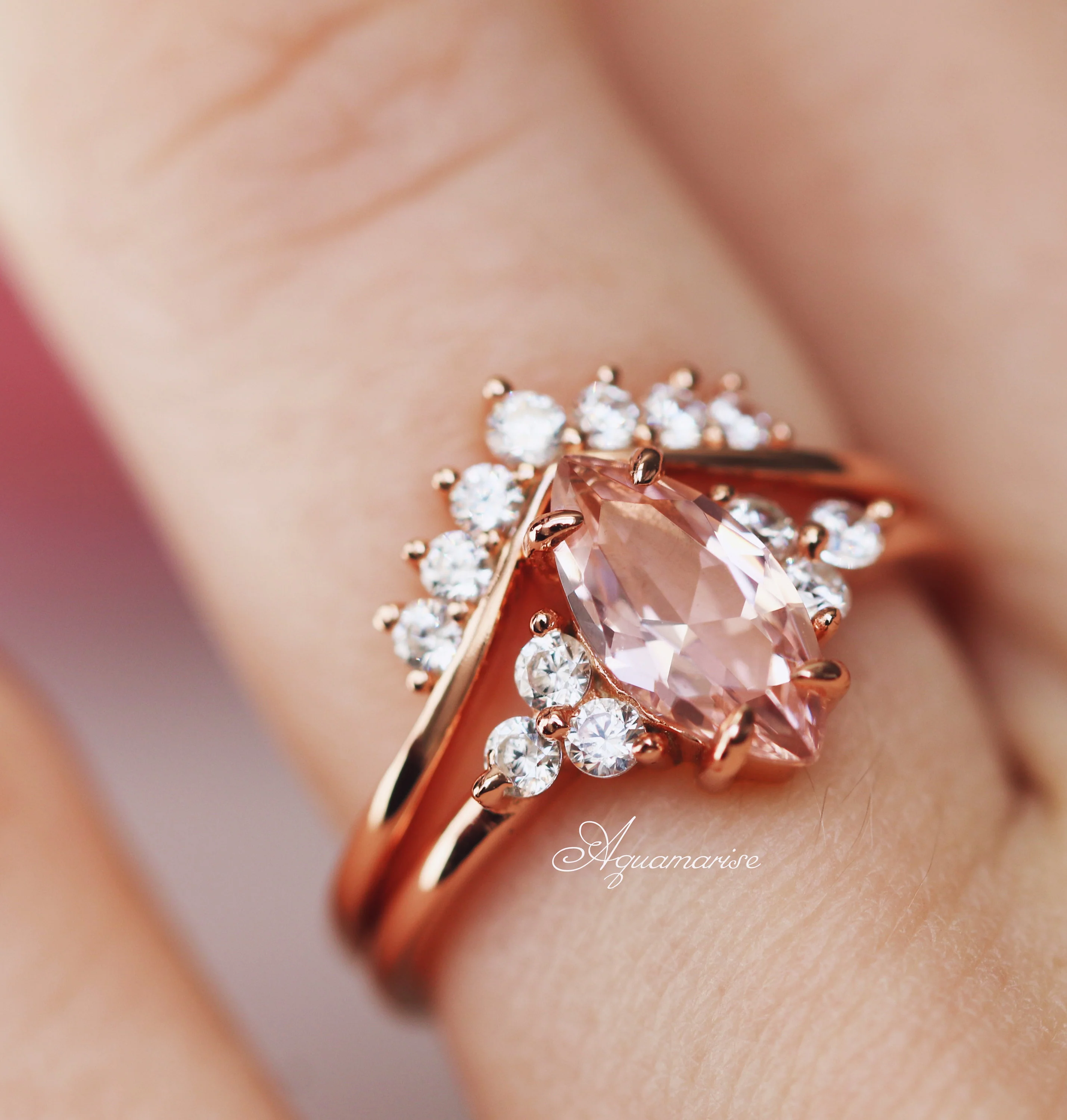 Marquise Cut Morganite Engagement Ring in 14K Solid Rose Gold - Image 2