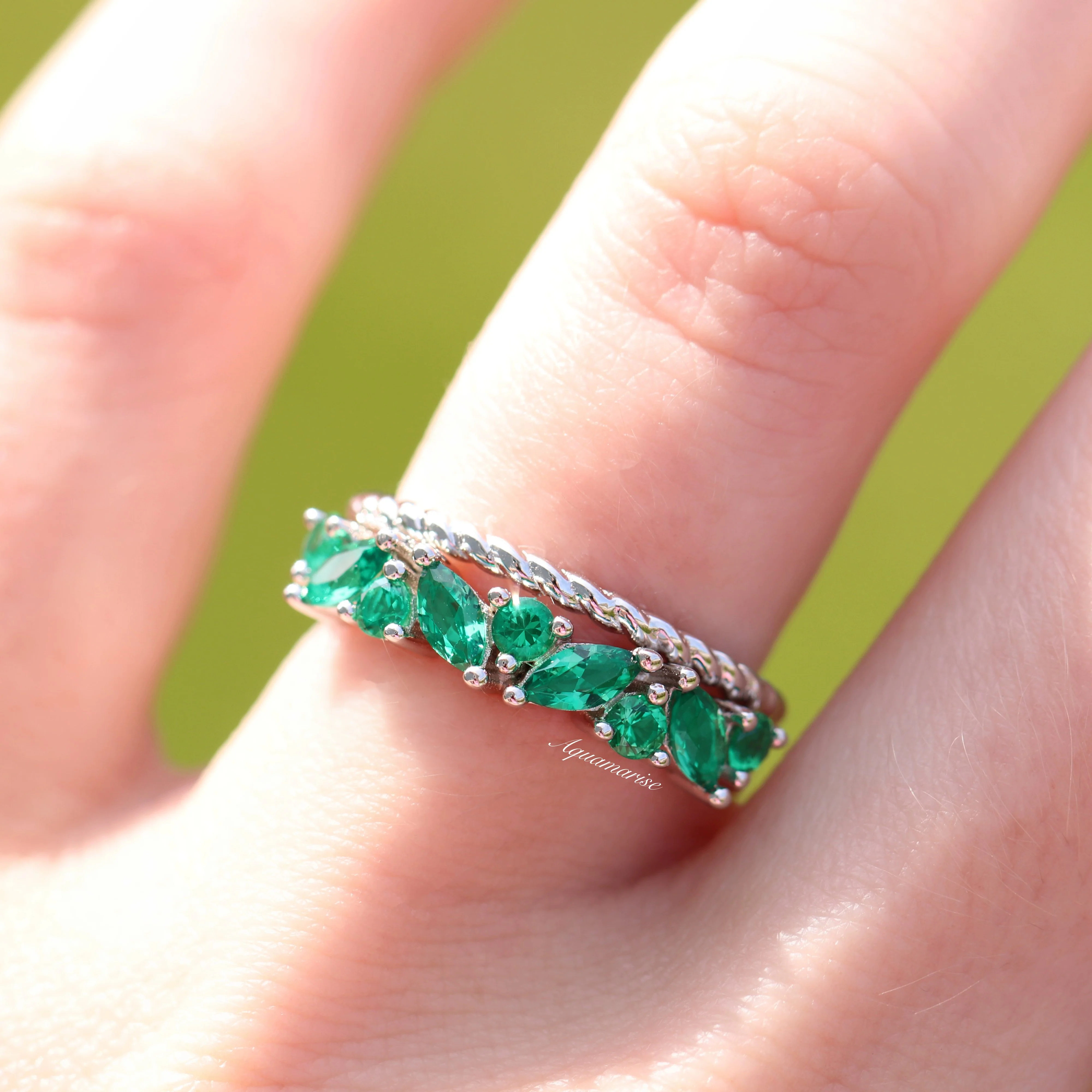 Willow Marquise Emerald Stacking Wedding Ring Set in Sterling Silver - Image 3