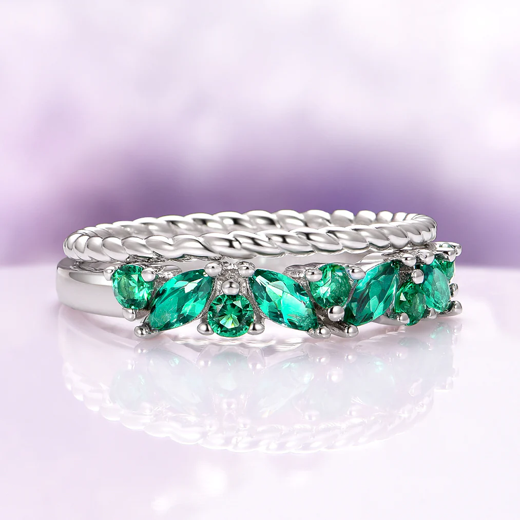 Willow Marquise Emerald Stacking Wedding Ring Set in Sterling Silver - Image 5
