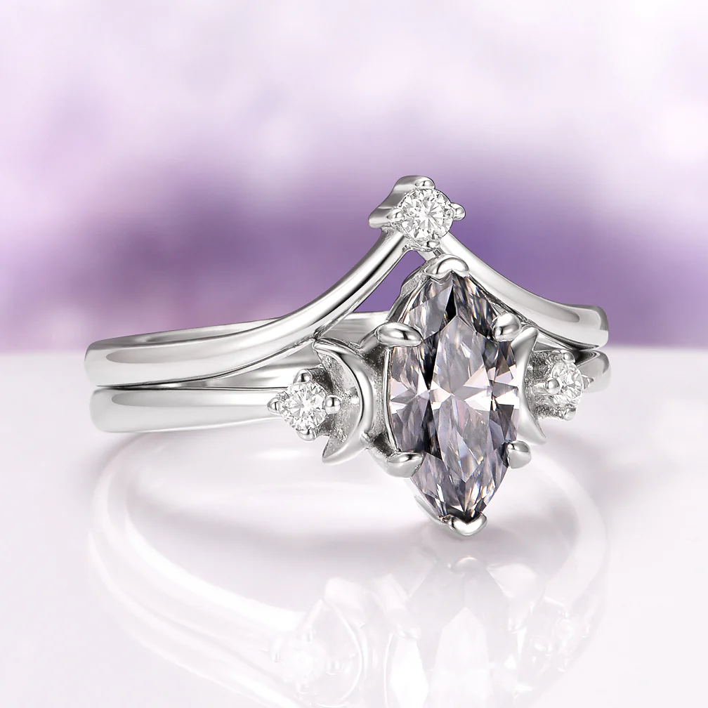 Gray Moissanite Crescent Moon Couples Ring Set - Image 5