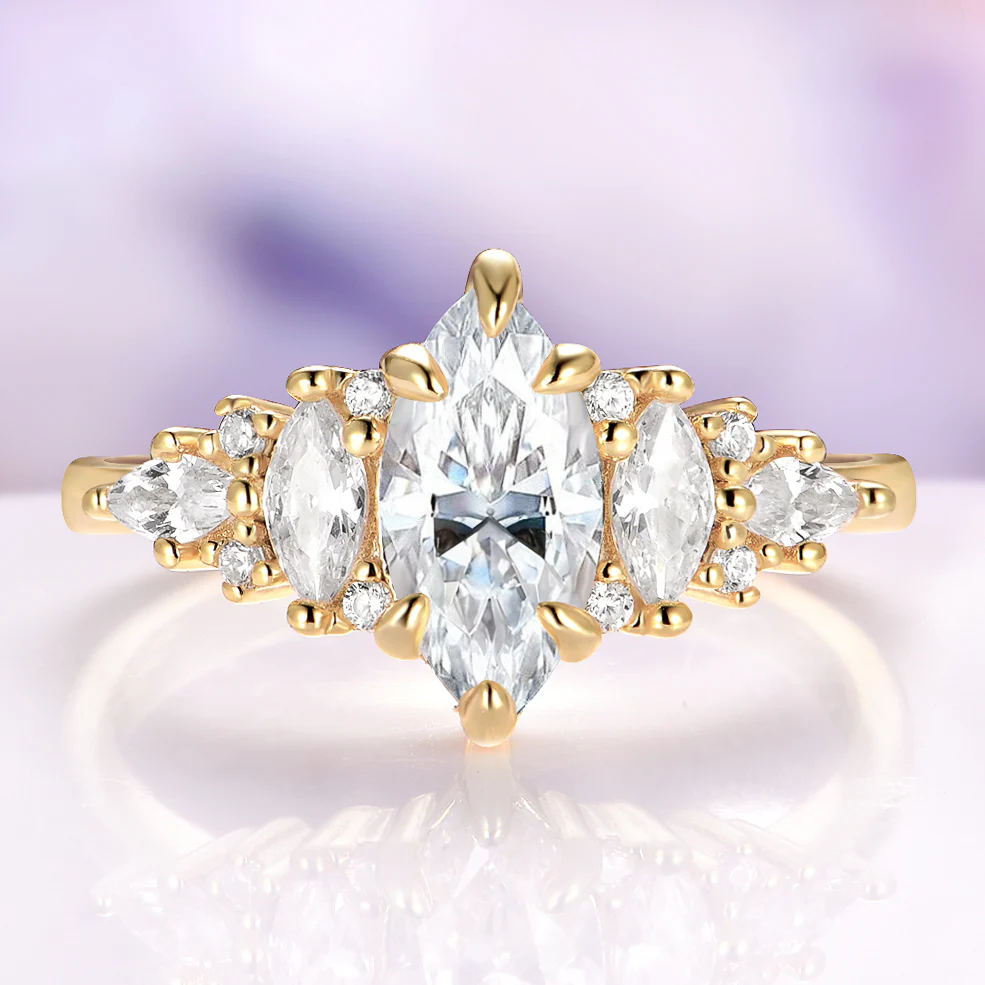 Emerie Marquise Moissanite Engagement Ring Set in Solid 14K Yellow Gold - Image 2