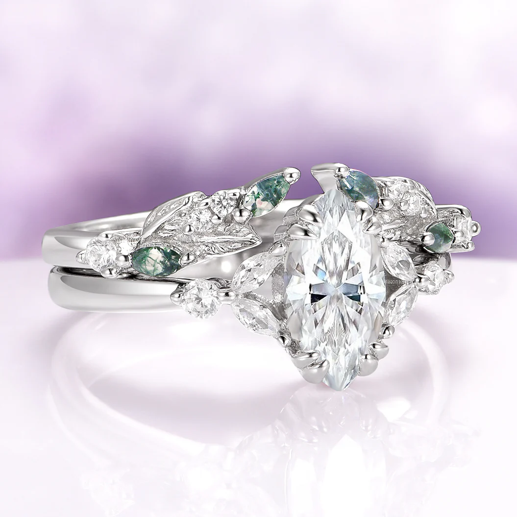 Green Moss Agate & Simulated Diamond Leaf Engagement Ring Set in Sterling Silver - Image 3