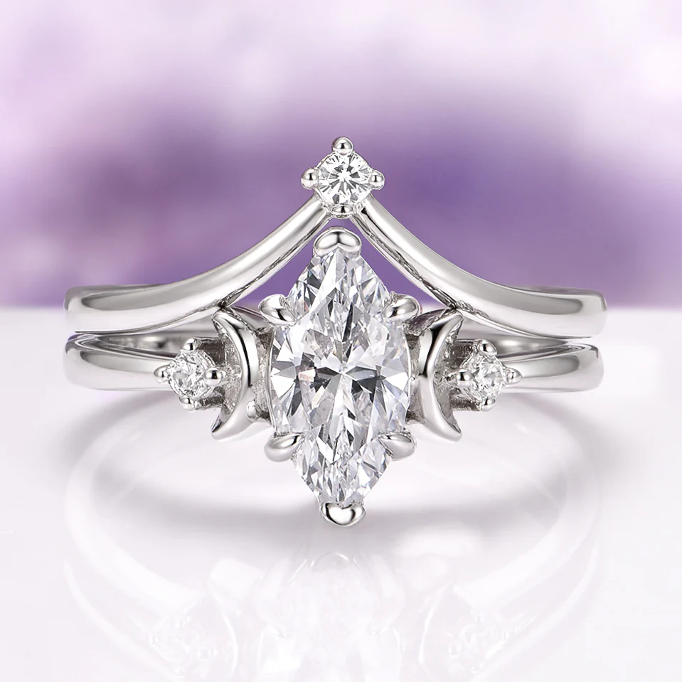 Moissanite & Crescent Moon Constellation Couples Ring Set - Image 2