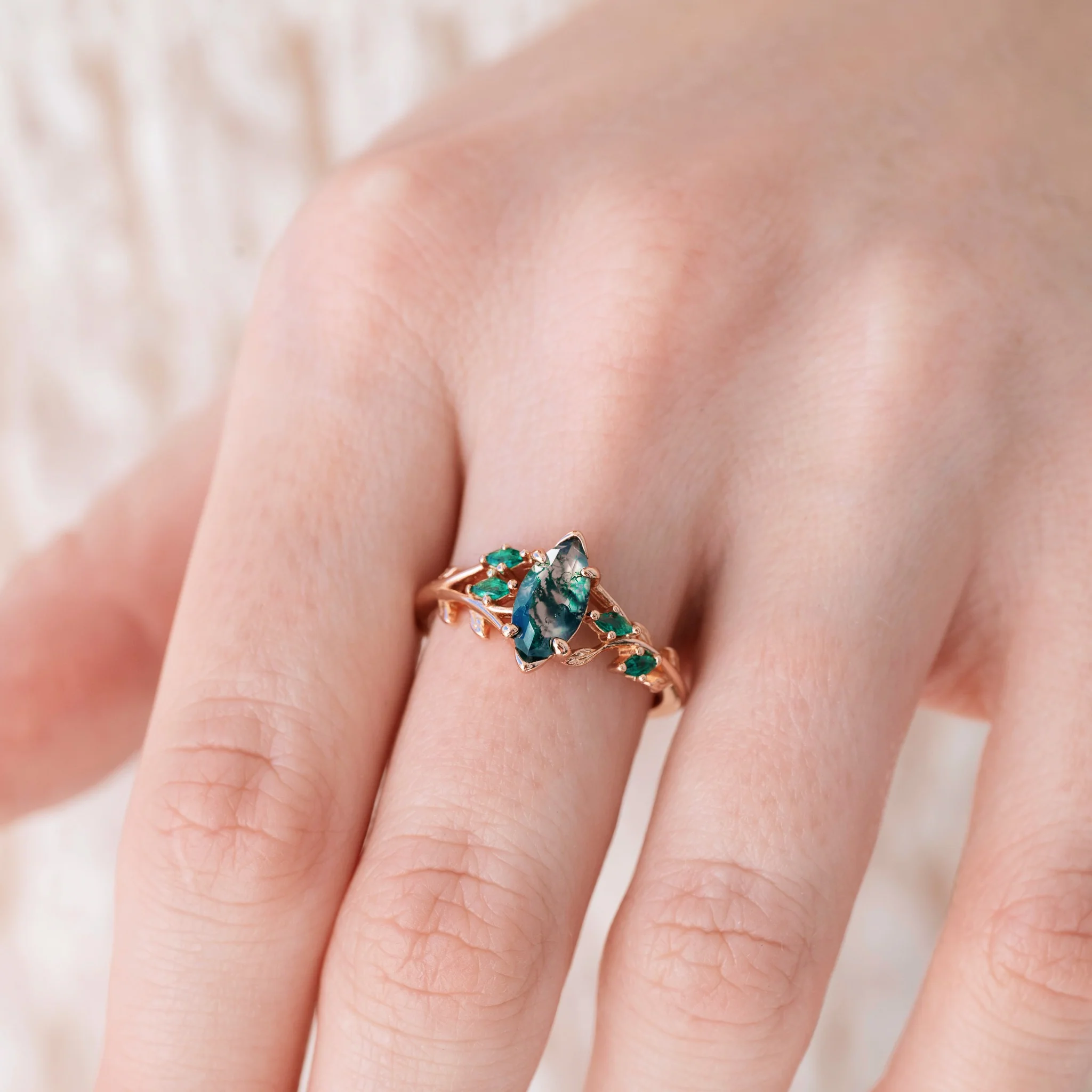 Rowan Marquise Moss Agate Leaf Engagement Ring in Solid 14K Rose Gold - Image 2
