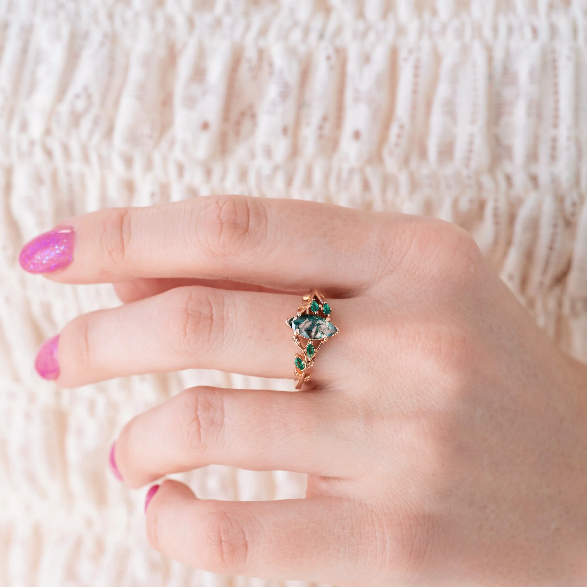 Rowan Marquise Moss Agate Leaf Engagement Ring in Solid 14K Rose Gold - Image 3