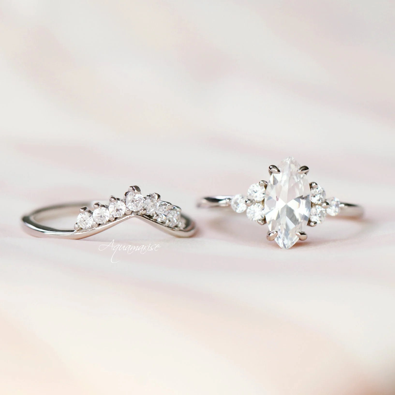 Marquise Cut White Sapphire Engagement Ring Set in Sterling Silver - Image 3